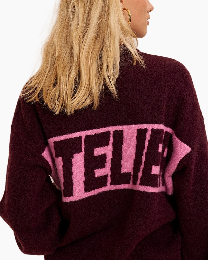 cardigan, burgundy, pink-accent, knitwear, graphic-text