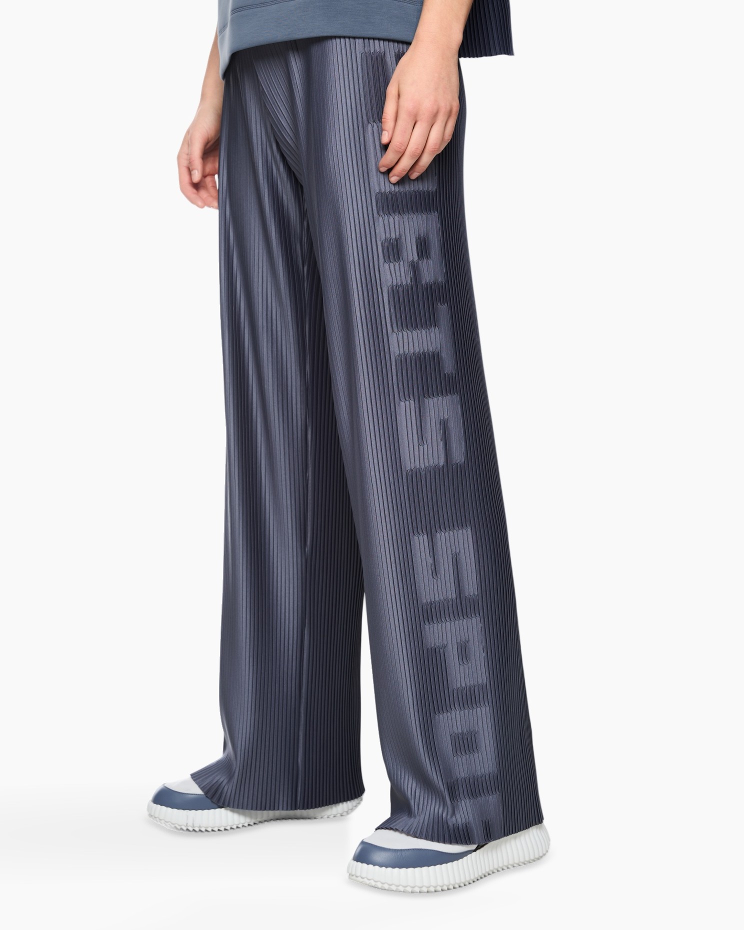 wijdlopende, geplooid, grafisch, donkerblauw, polyester