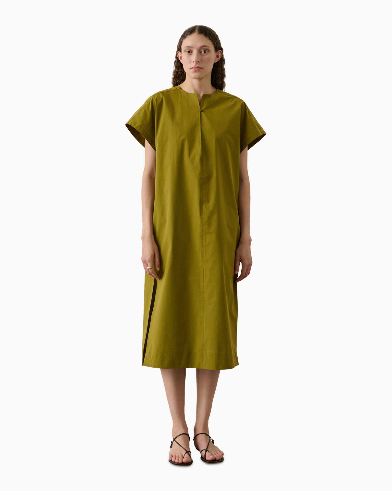 jurk, midi, korte mouwen, olijf, katoen