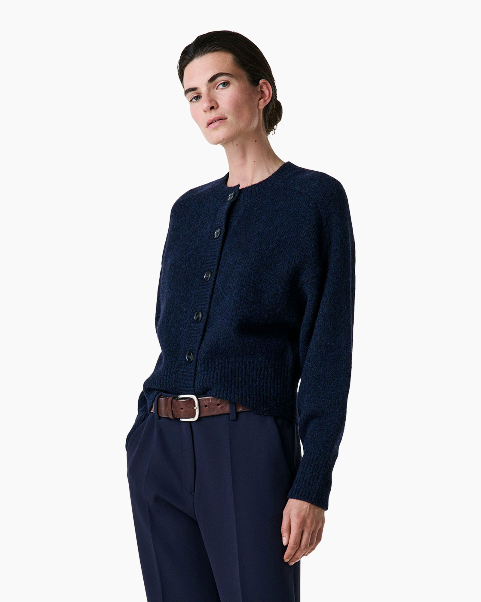cardigan, marineblauw, brei, knopen, rundhals