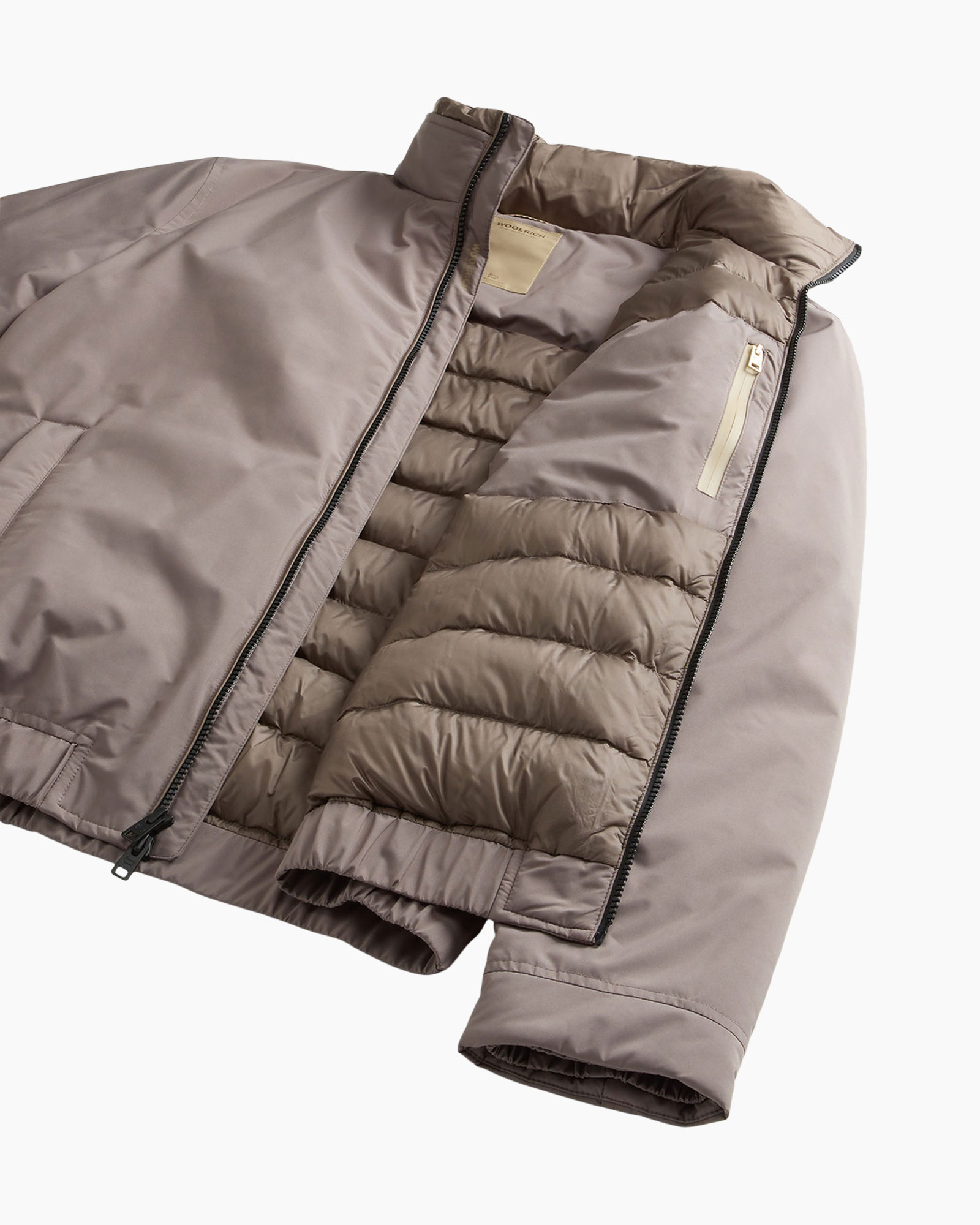 dunne puffer jas, donsjas, rits, neutraal taupe, binnekant gewatteerd