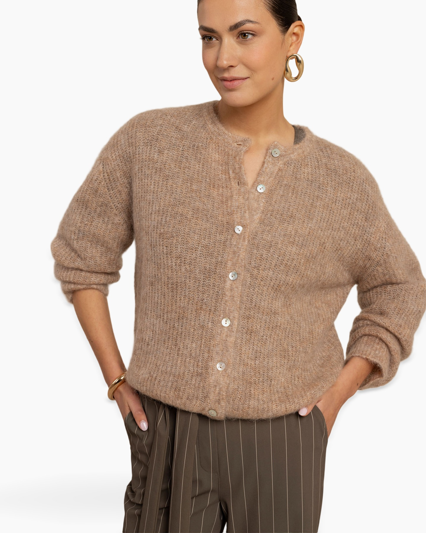 cardigan, breipulle-brei, beige, knopen, lange-mouwen