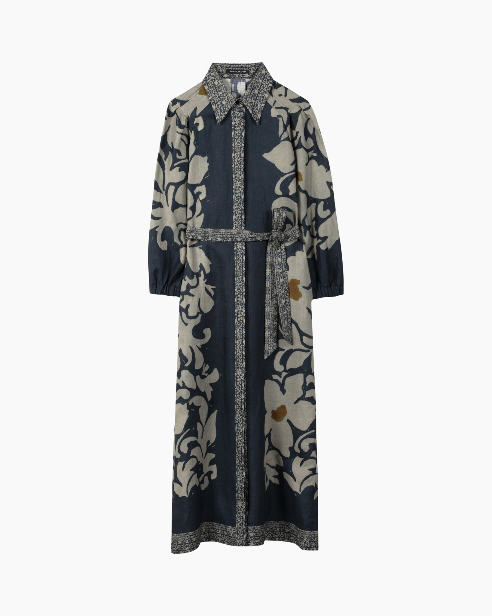 dress, long, tie-waist, floral, navy