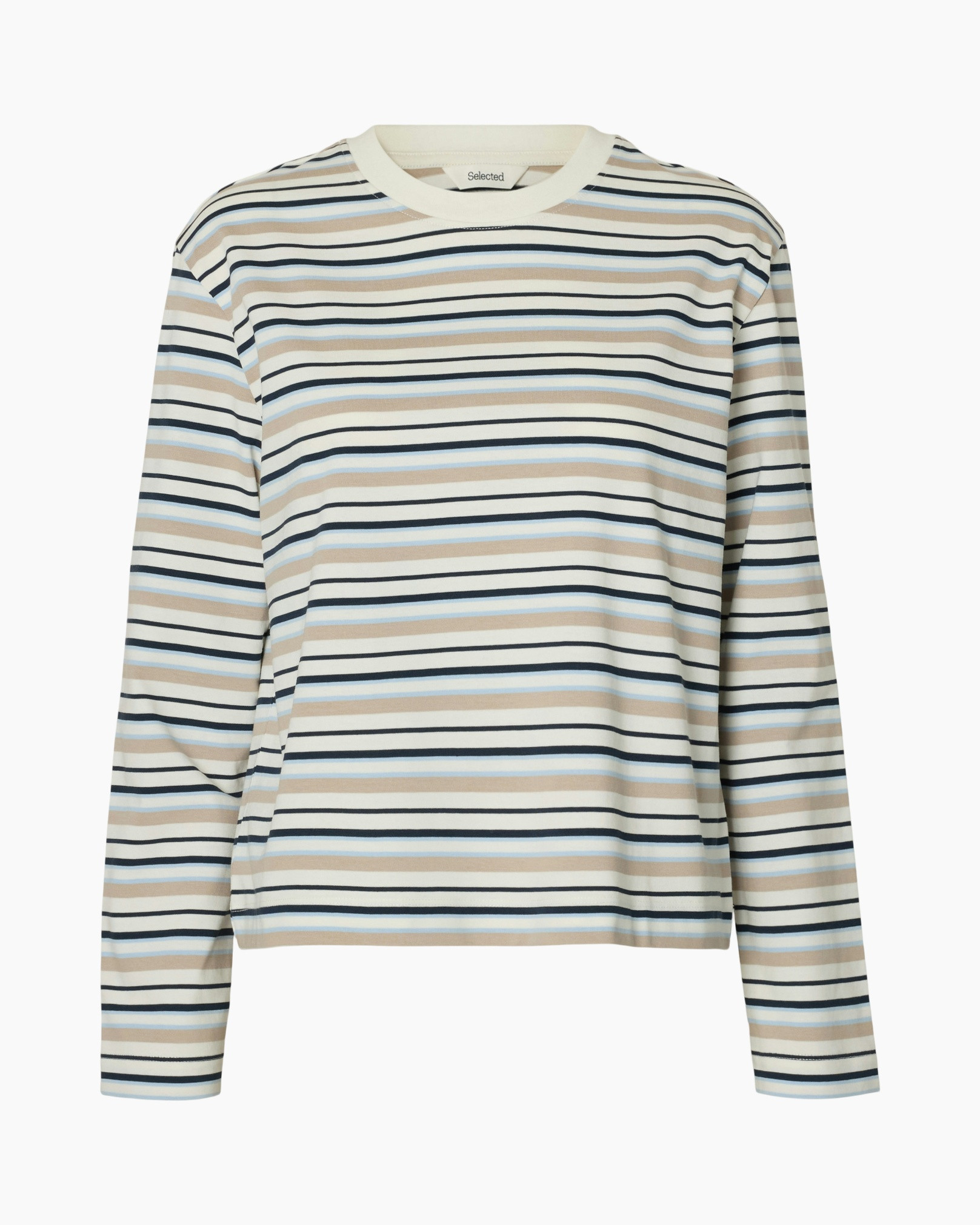 striped shirt, long sleeve, beige blue, crew neck, cotton