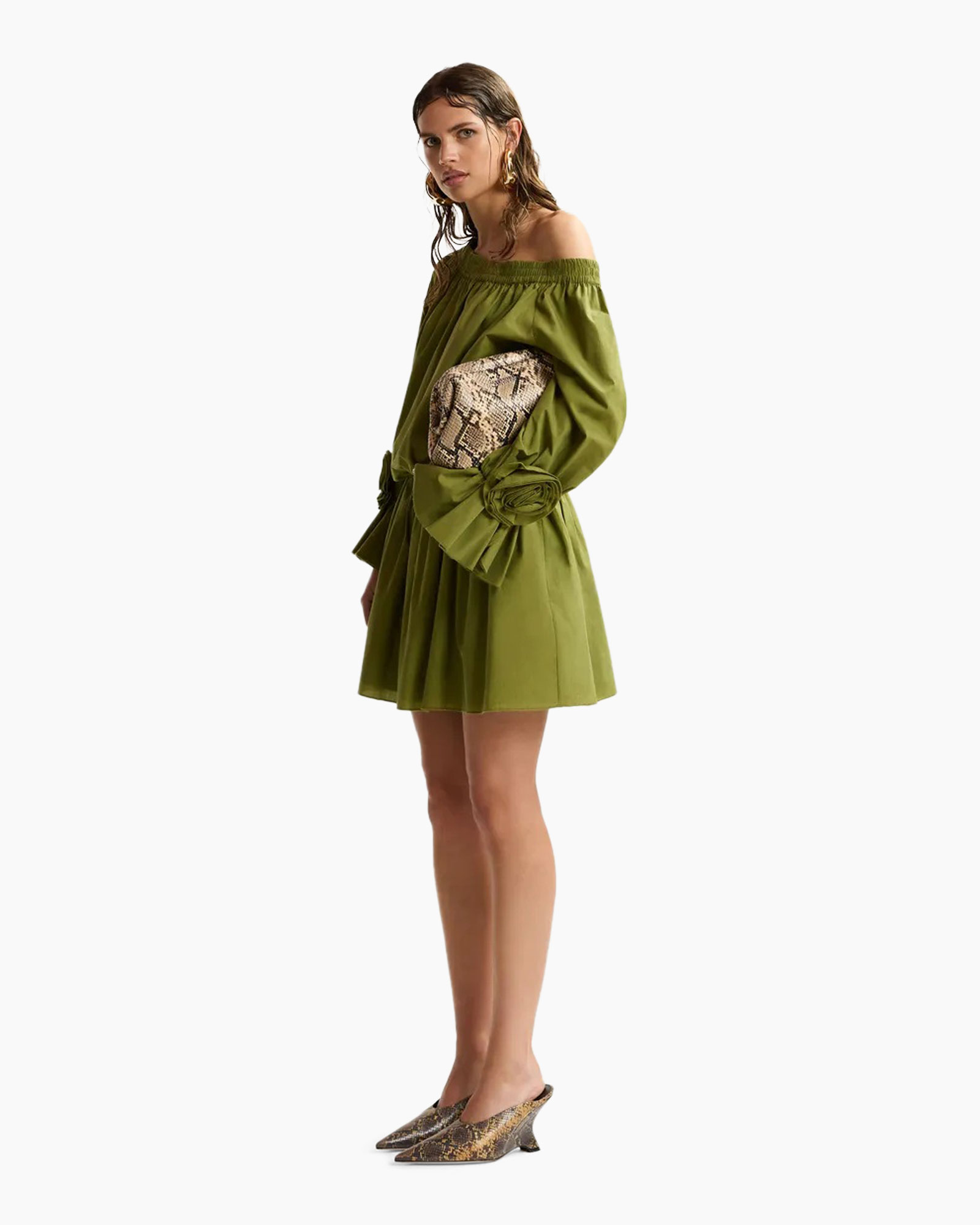 jurk, korte jurk, off-shoulder, olijfgroen, pofmouwen