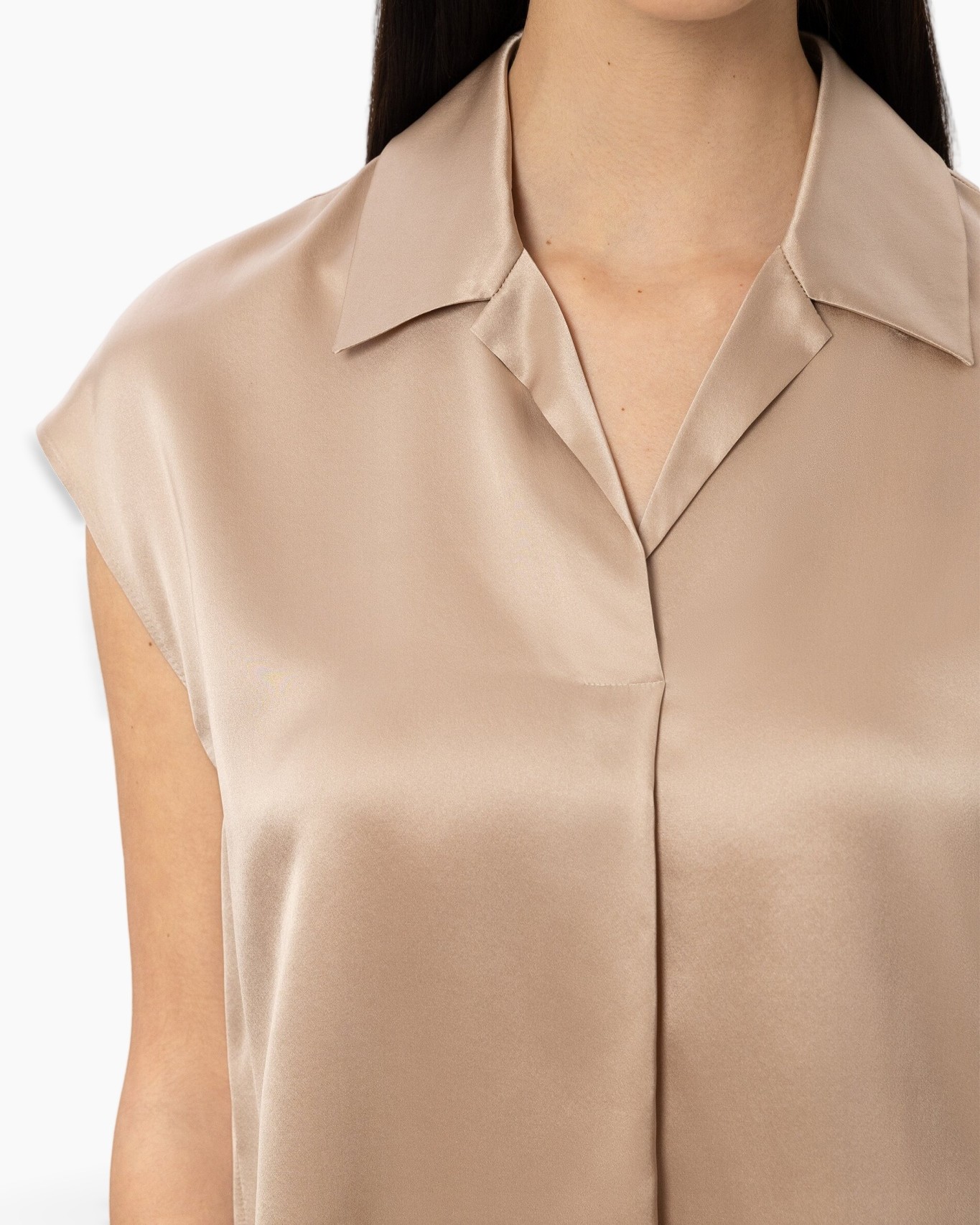 blouse, satijn, beige, kraag, mouwloos
