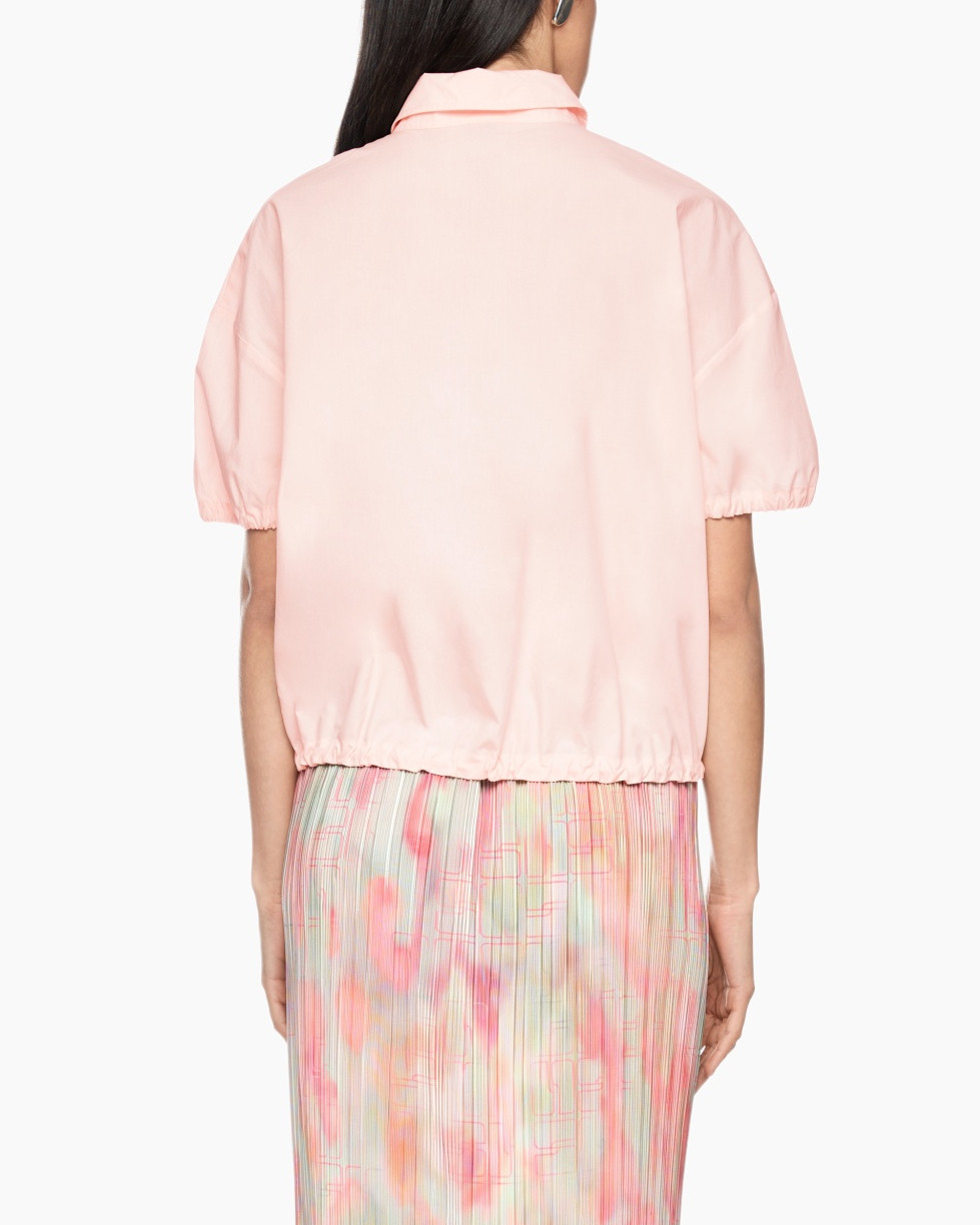 pink shirt, puff sleeve, collared polo, drawstring hem, light pink