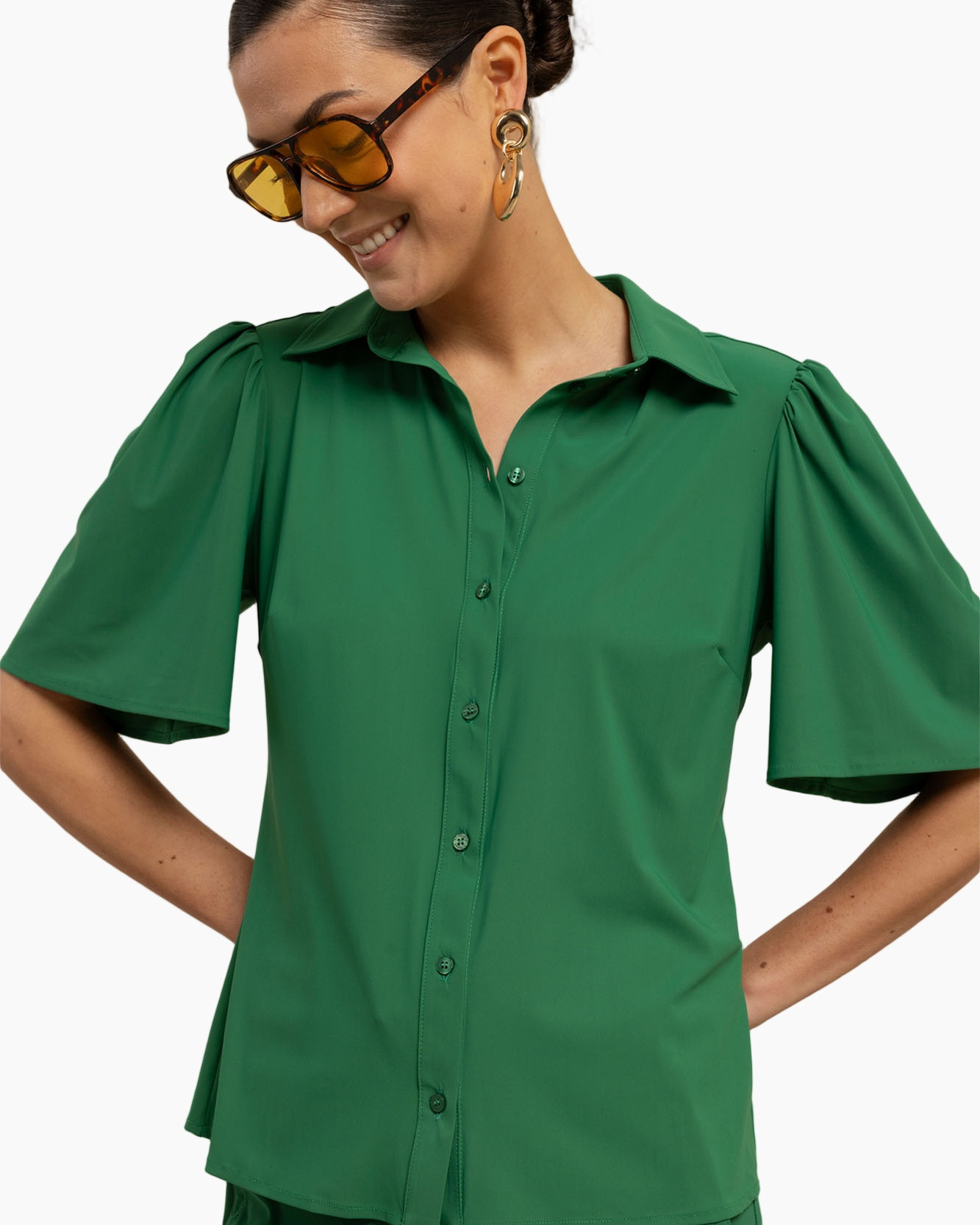 green, puff sleeves, button-down, short-sleeve, blouse