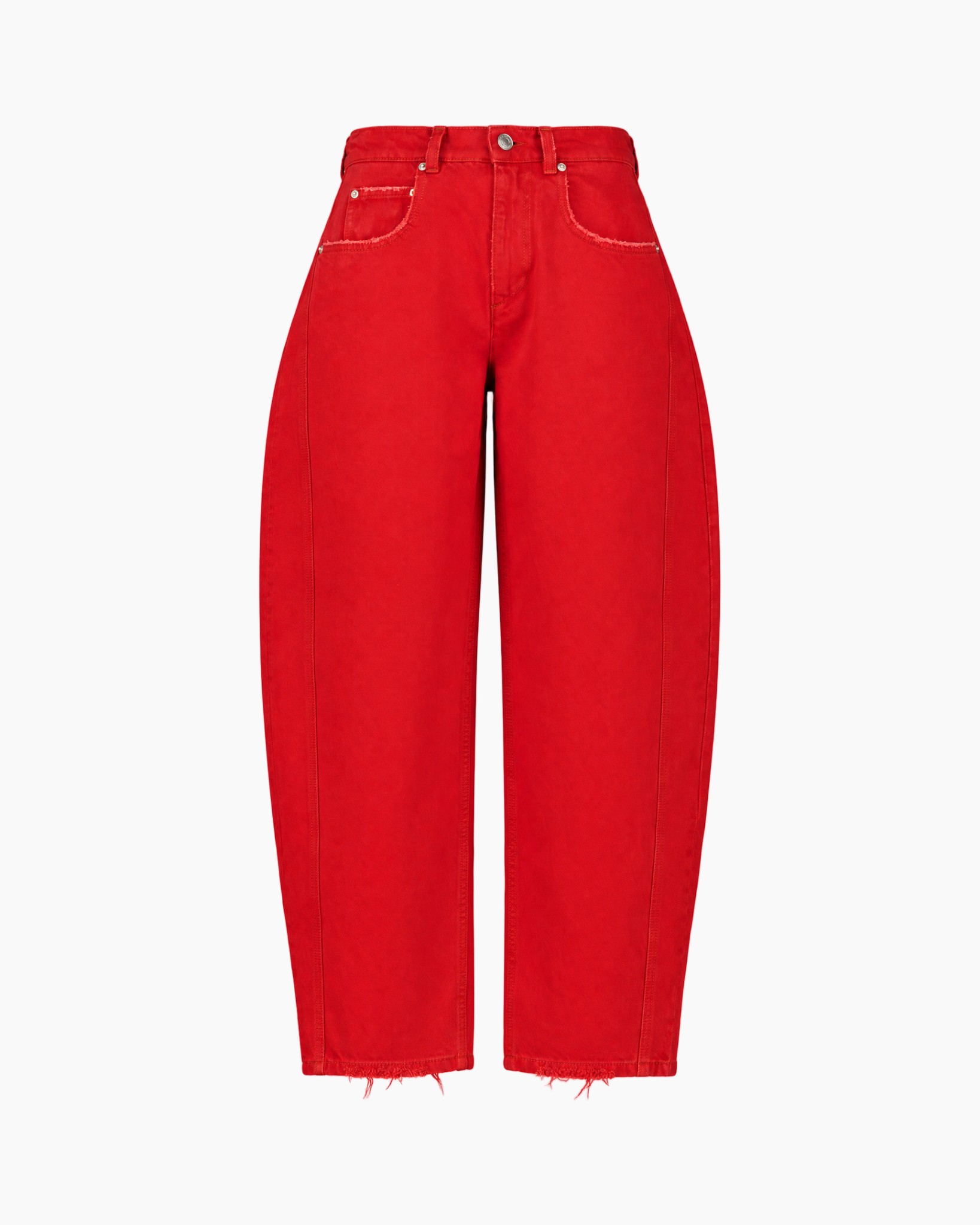 spijkerbroek, rood denim, wijde pijpen, hoge taille, rafelzoom