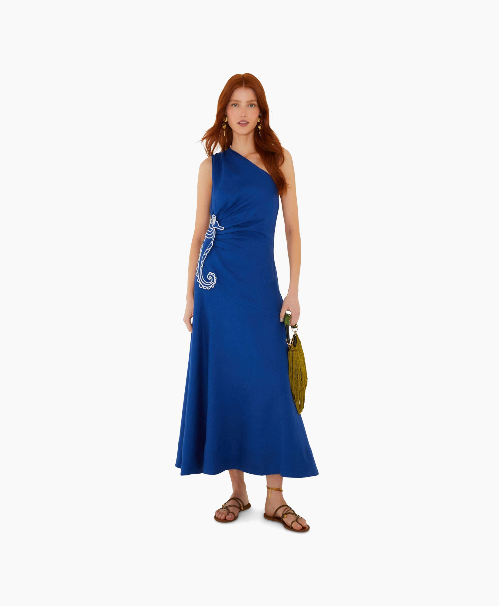 jurk, een-schouder, blauw, maxi, geborduurd
