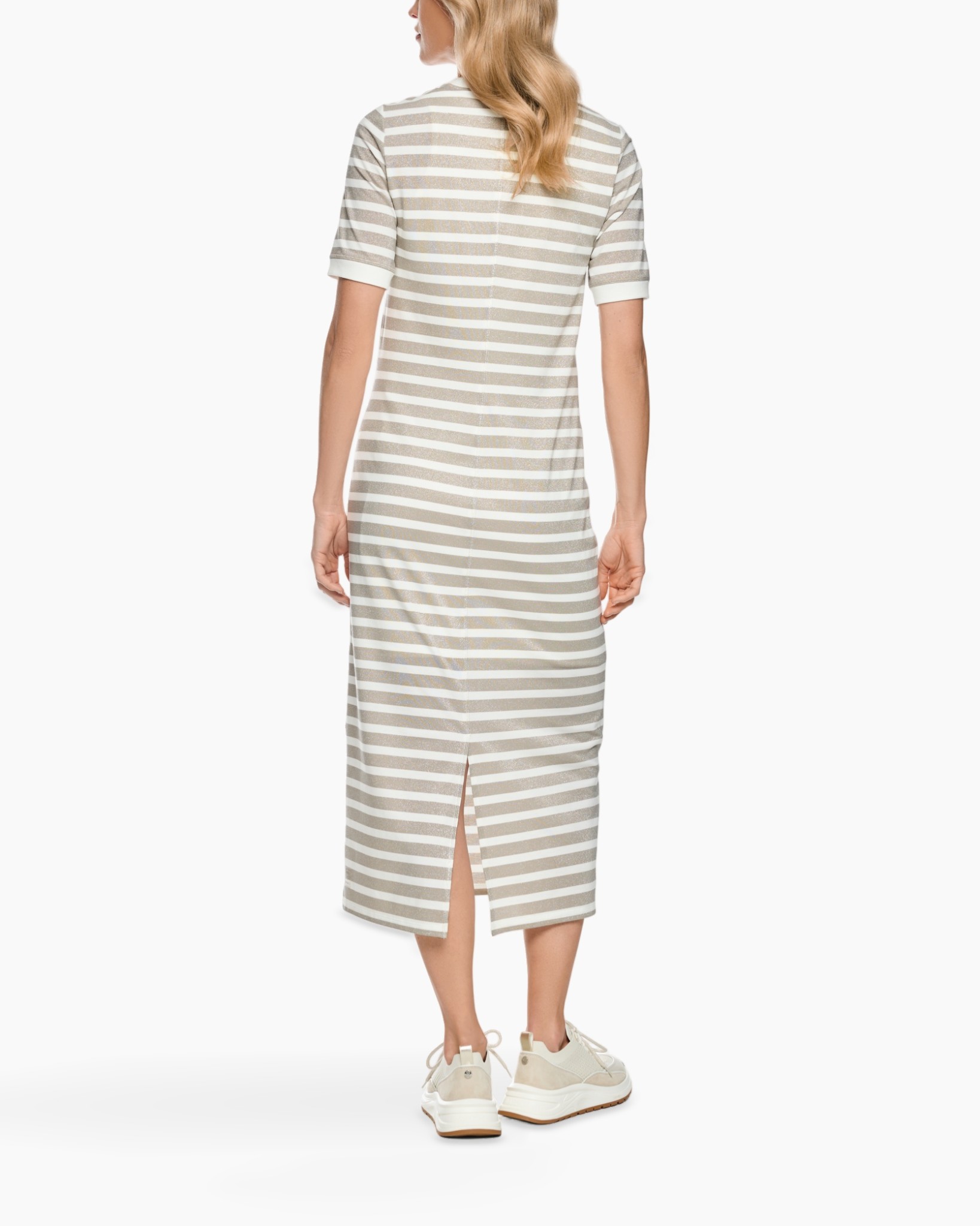 gestreepte jurk, midi jurk, overhemdjurk, brede strepen jurk, beige strepen