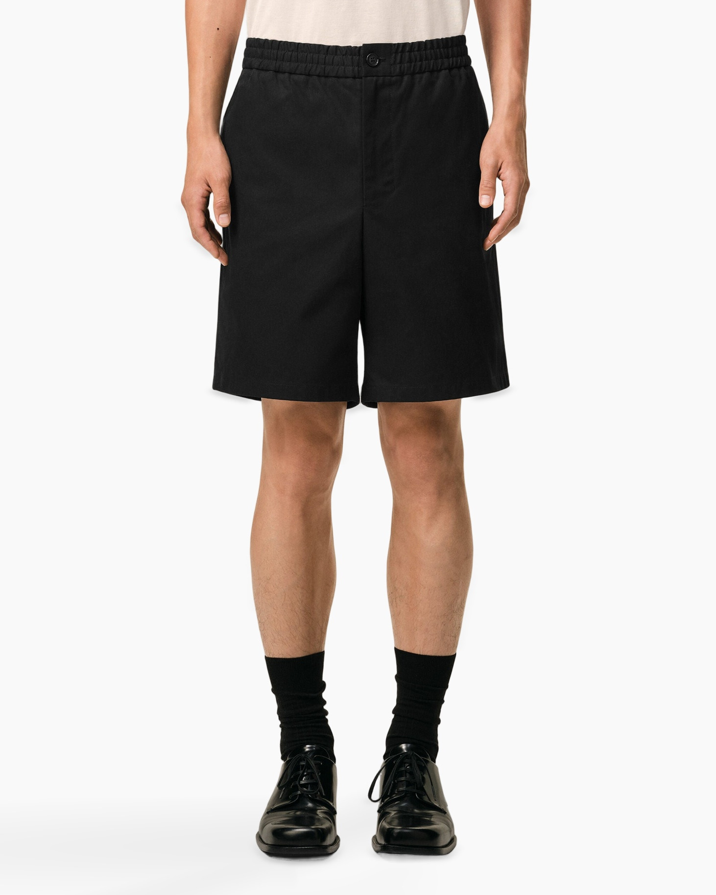 shorts, black, elastic-waist, mid-length, men