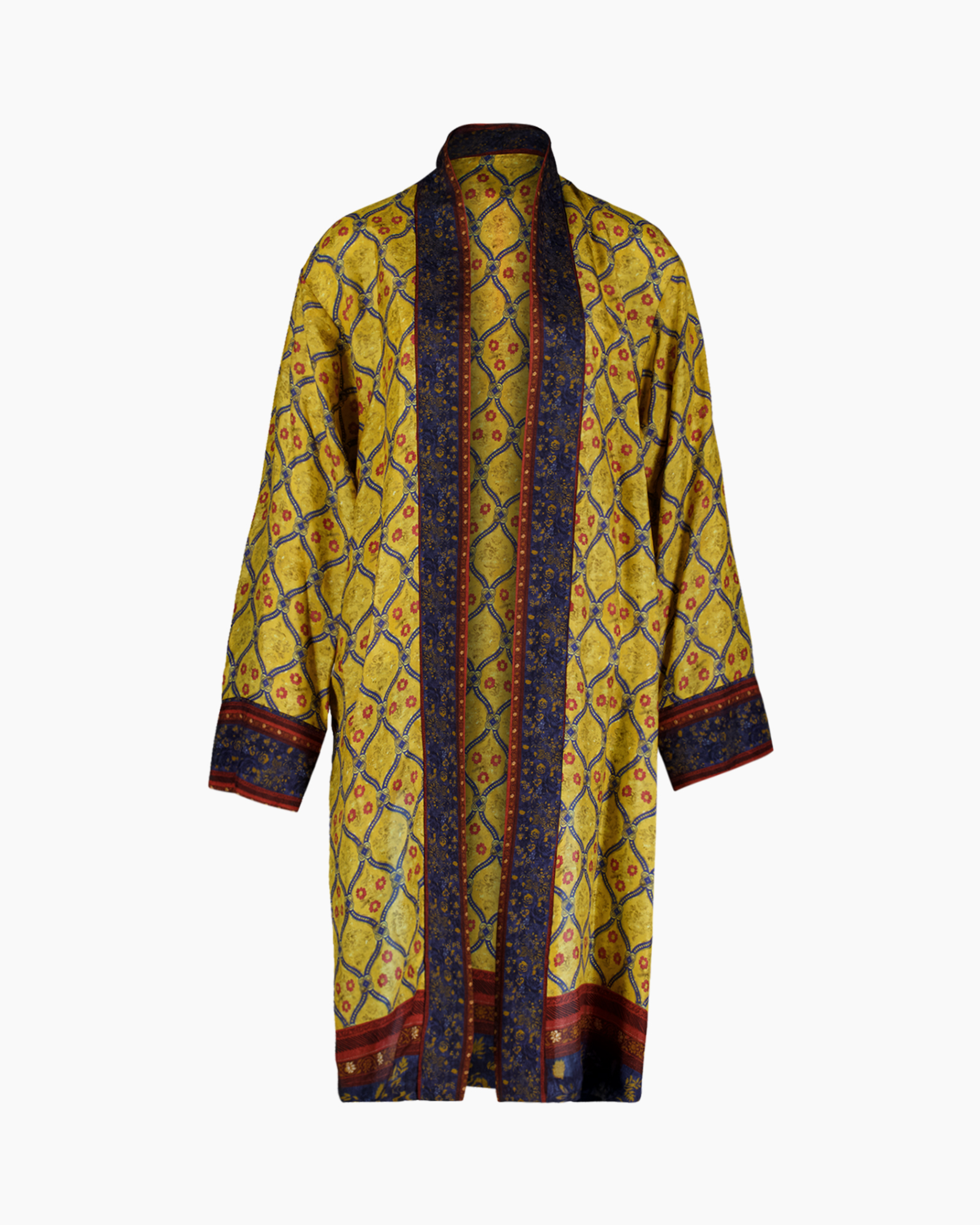 kimono, geprintte jas, geel, lang vest, lange mouwen