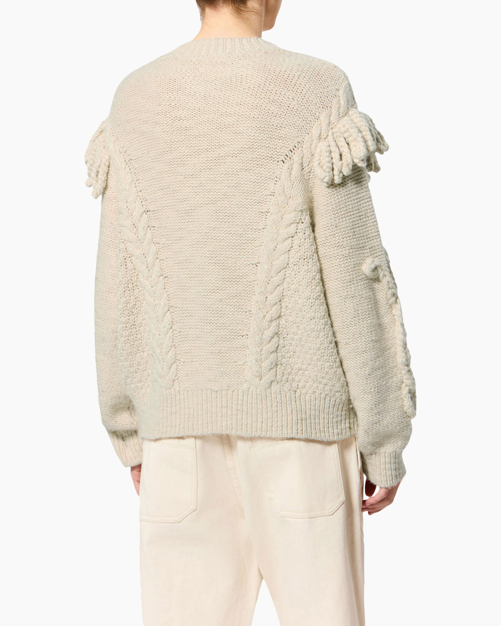 trui gebreid, rond hals, kabeltrui, beige, losvallend fit