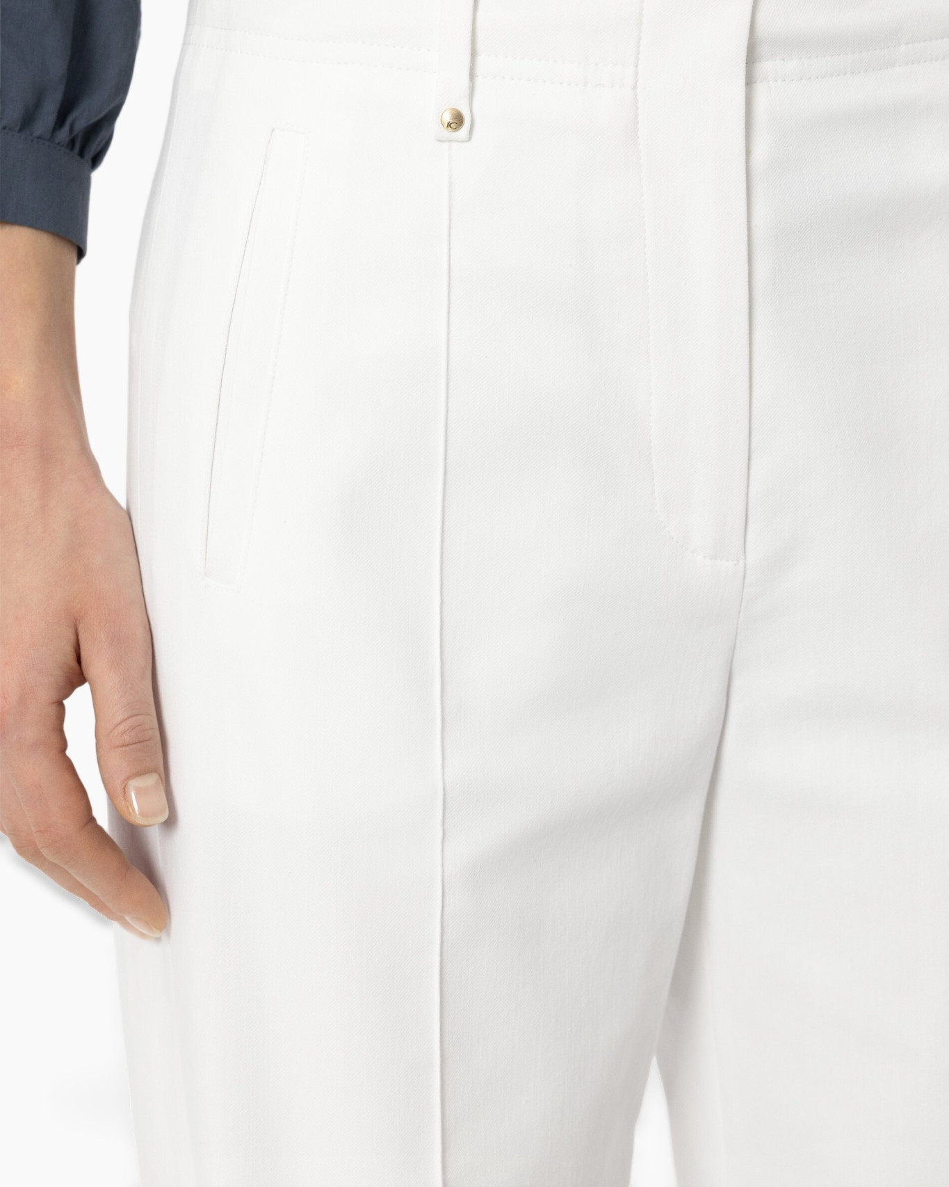 white pants, flat-front, slim fit, pockets, button detail