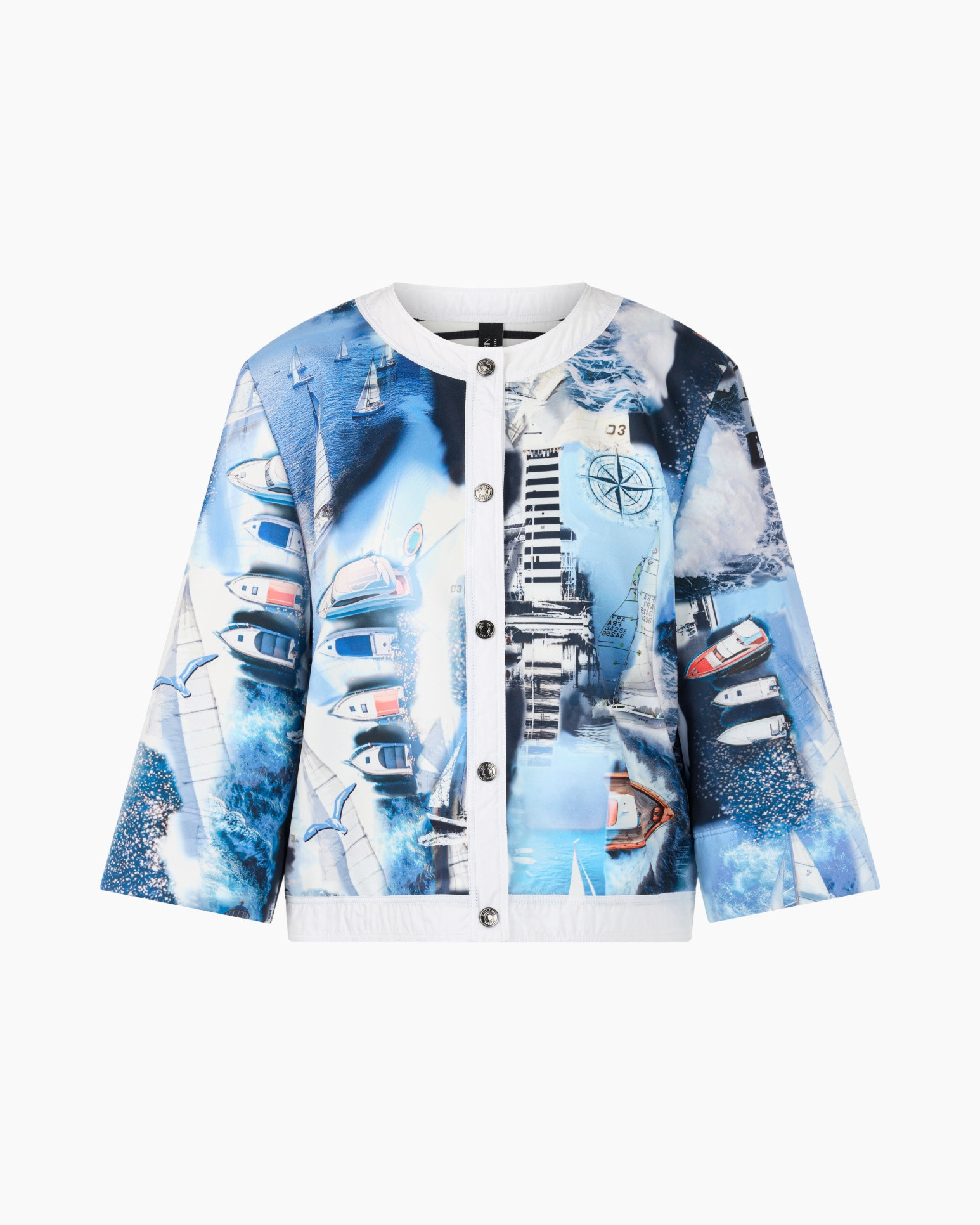 jas, vest, print, blauw, kraagloos
