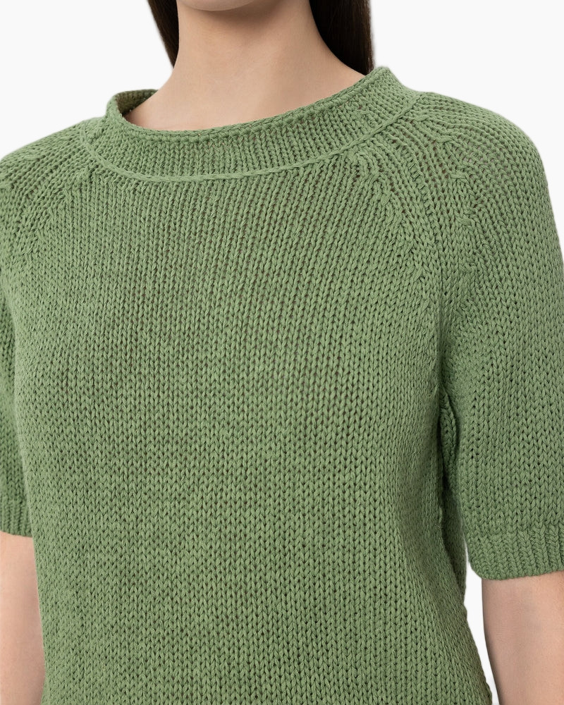 breipullover, groene trui, gebreide trui, korte mouw, ronde hals
