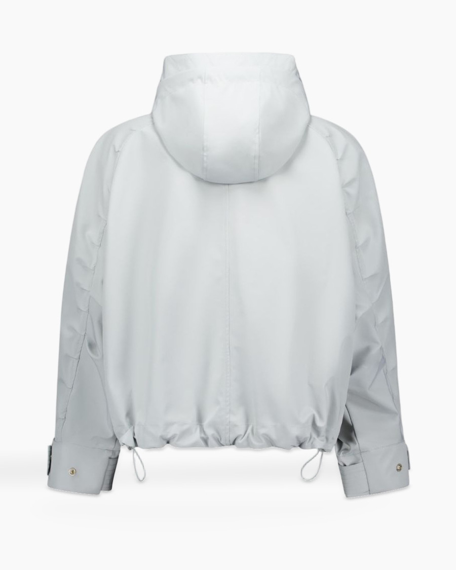 hooded jacket, light gray, parka, drawstring hem, puffy collar