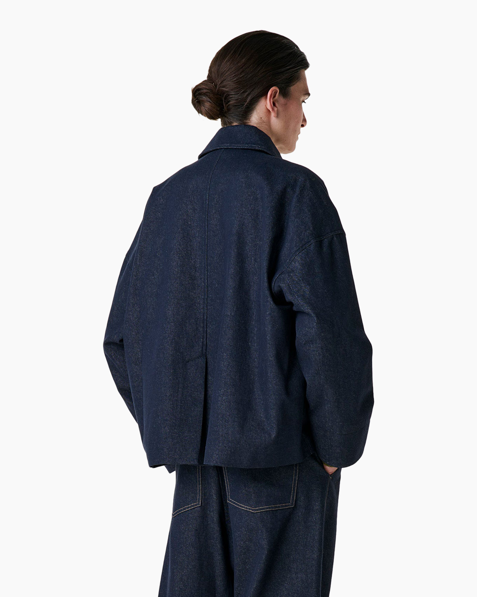 denim jas, korte jas, knop bovenkant, donker was, contrast riem mogelijk