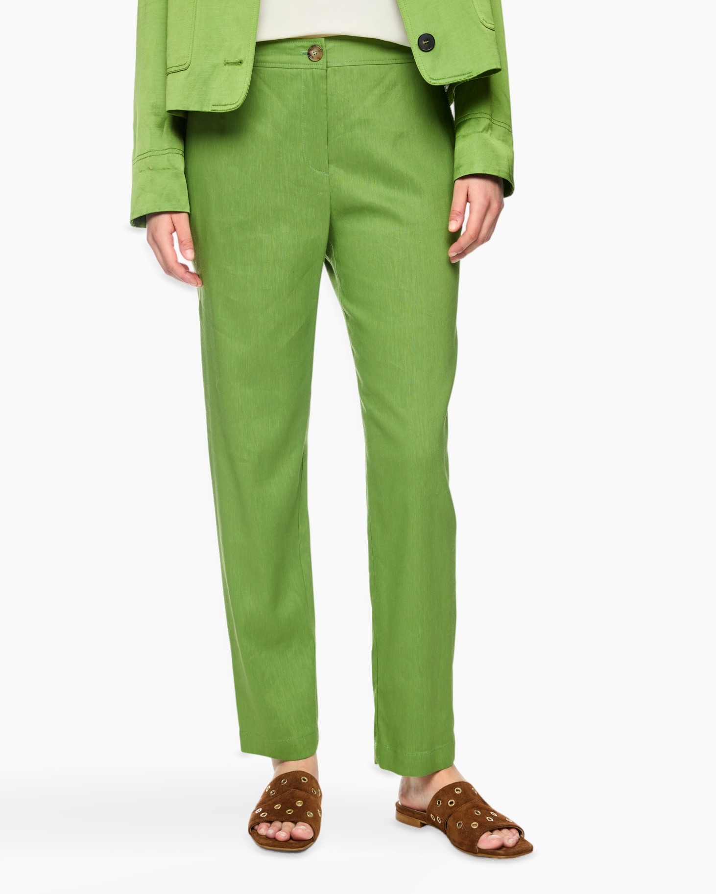 broeken, limegroen, slacks, linnen-achtig, open-toe sandalen