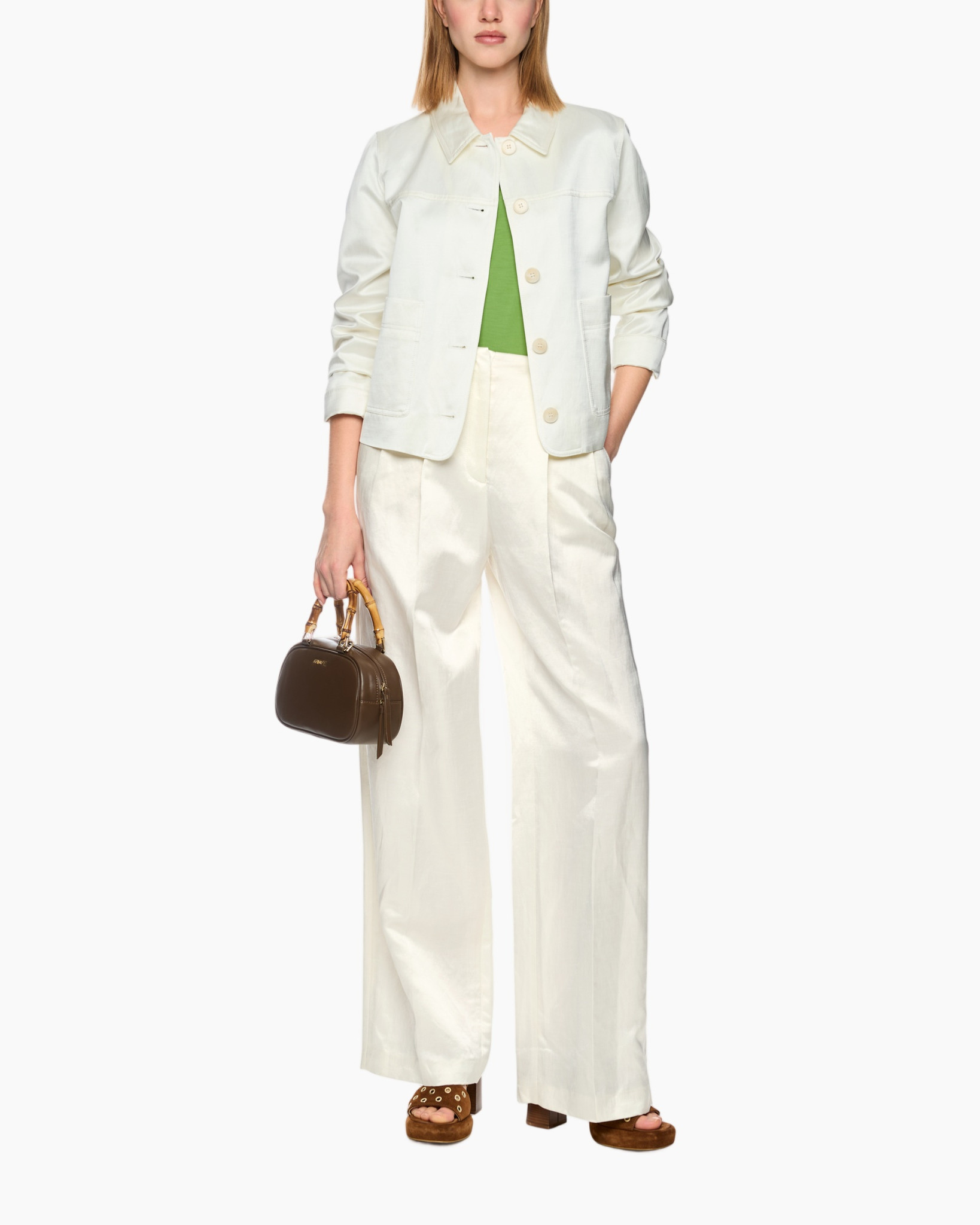 blazer, wide-leg pants, cream, green top, handbag