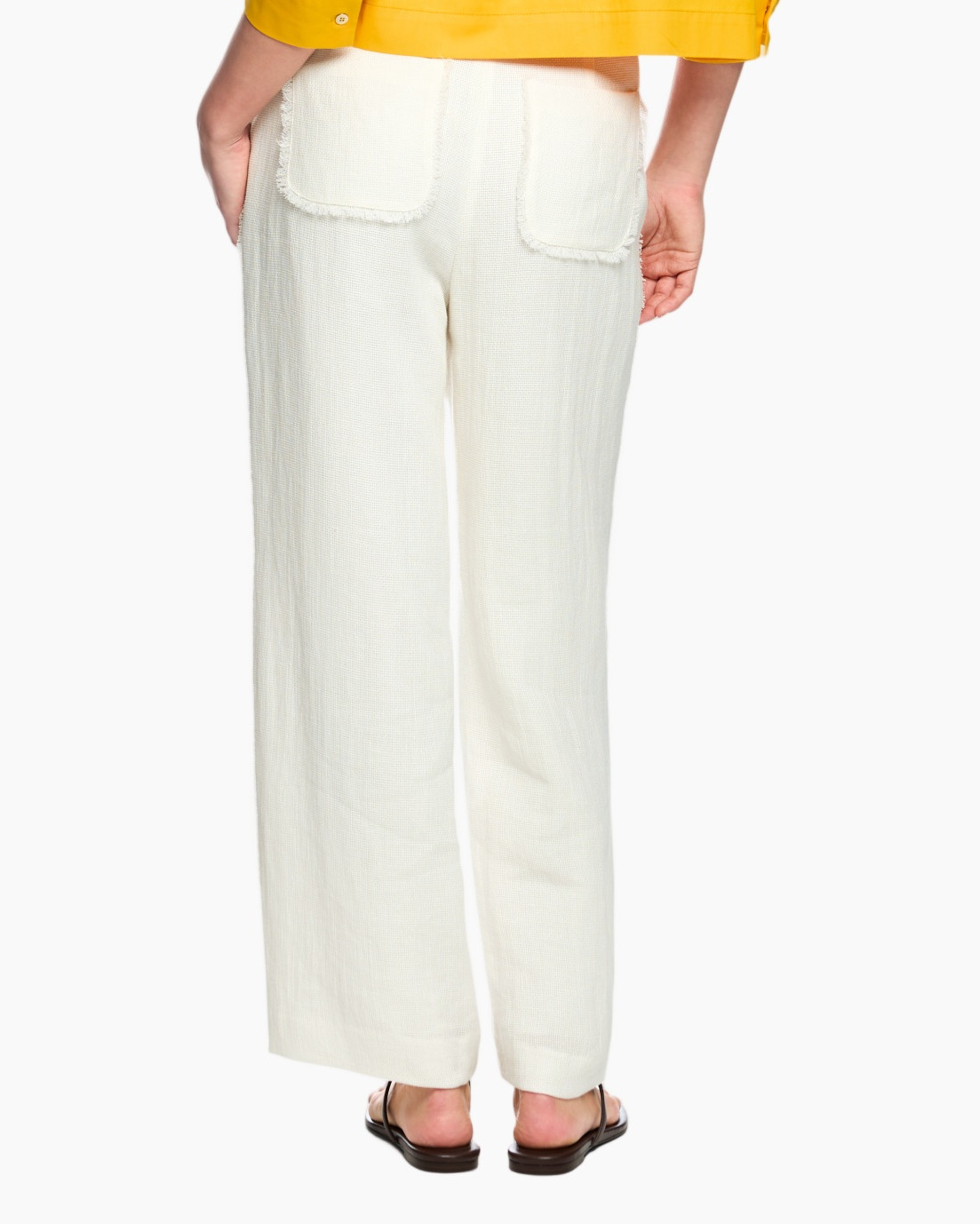 wide-leg, white pants, linen, pleated? not sure, flat sandals, beach sandals, casual pants