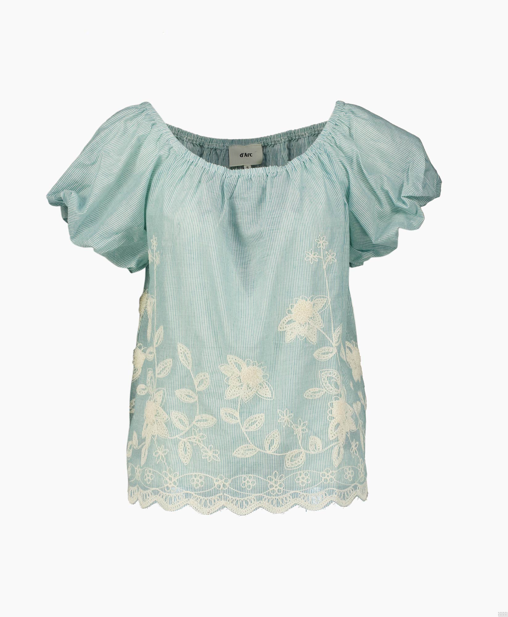 blouse, korte mouwen, borduursel, kant zoom, gestreepte stof