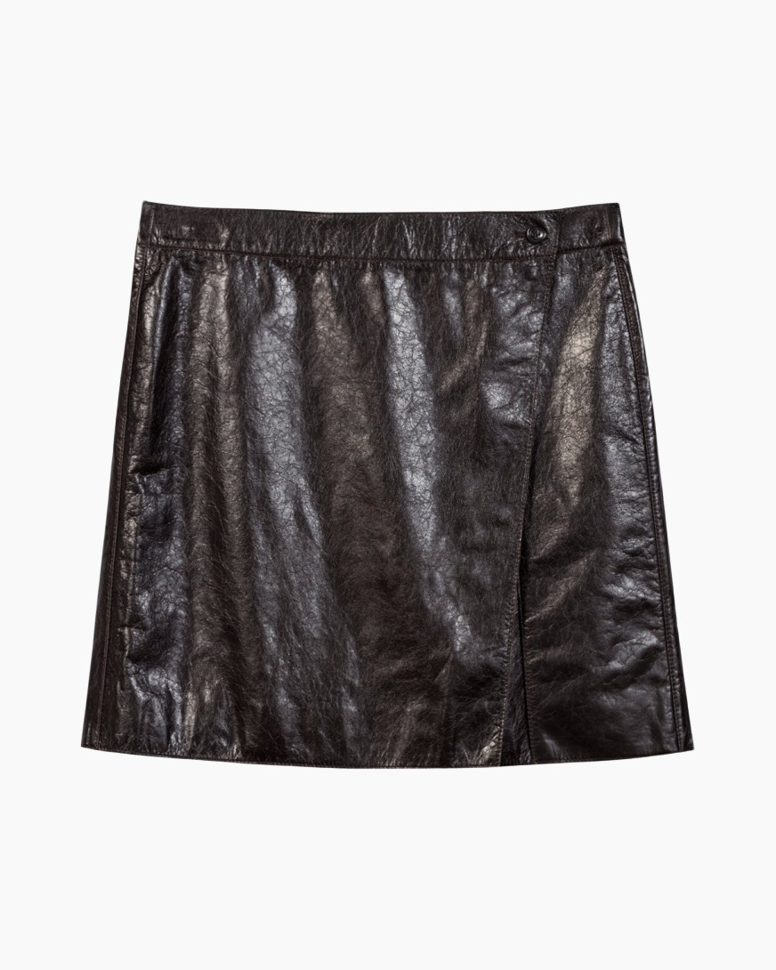 rok, leer, zwart, middellange, plooien