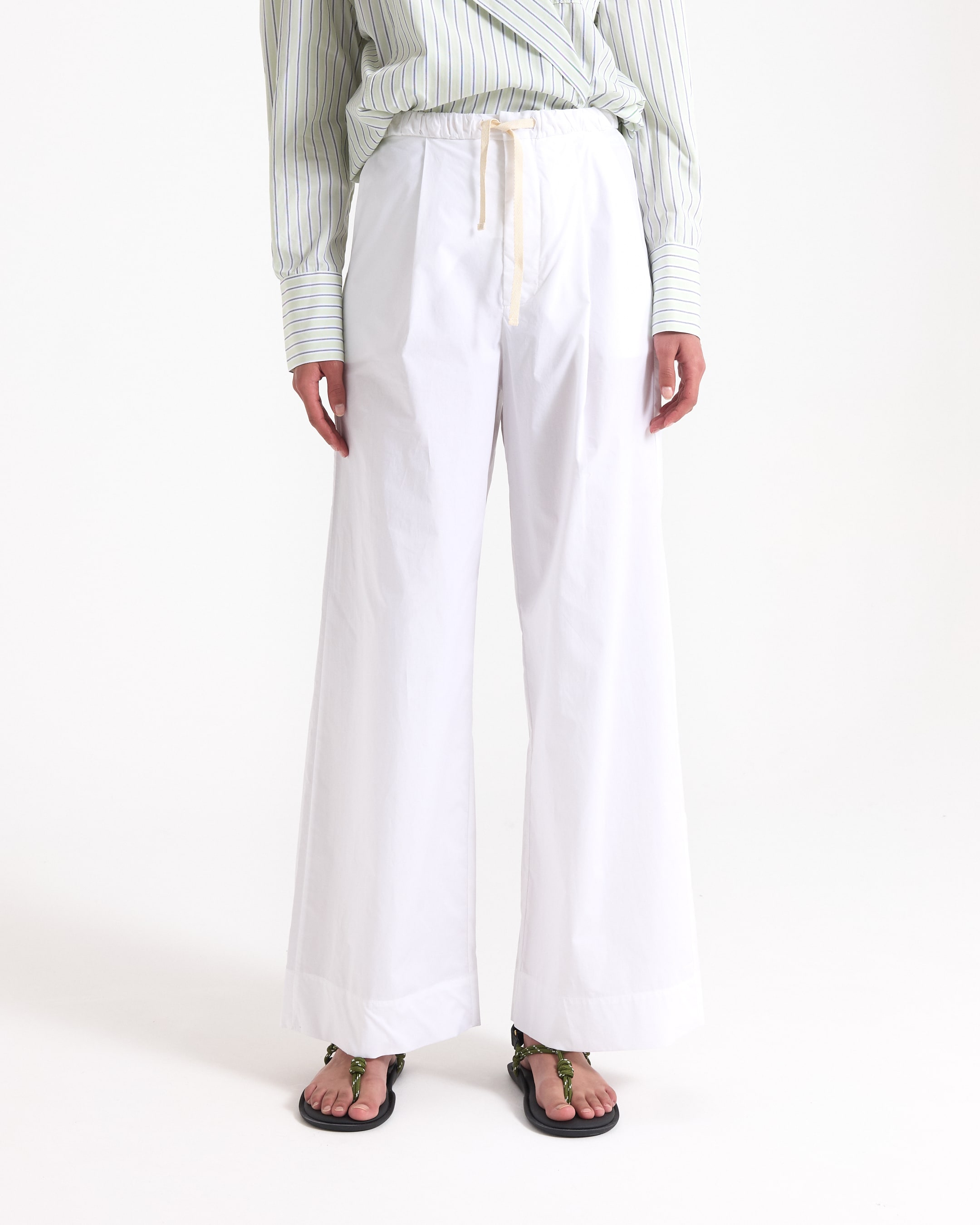 spijkerjack, blauwe jas, witte wijde broek, gestreepte blouse, sandalen