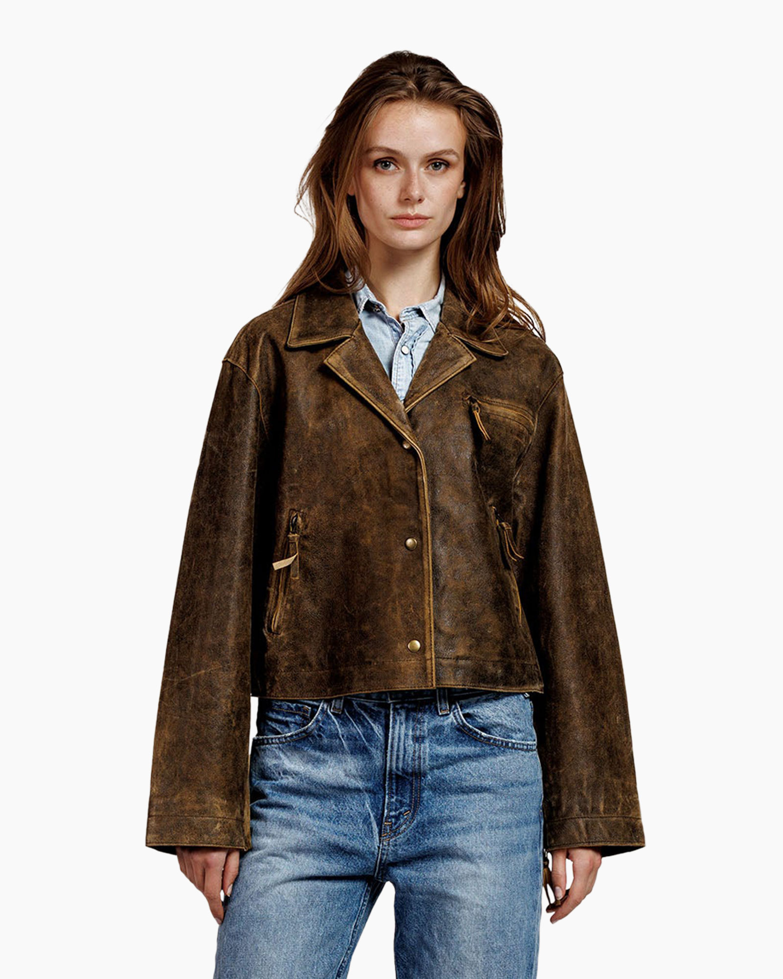 leren jas, bikerjas, bruin, ritszakken, korte lengte