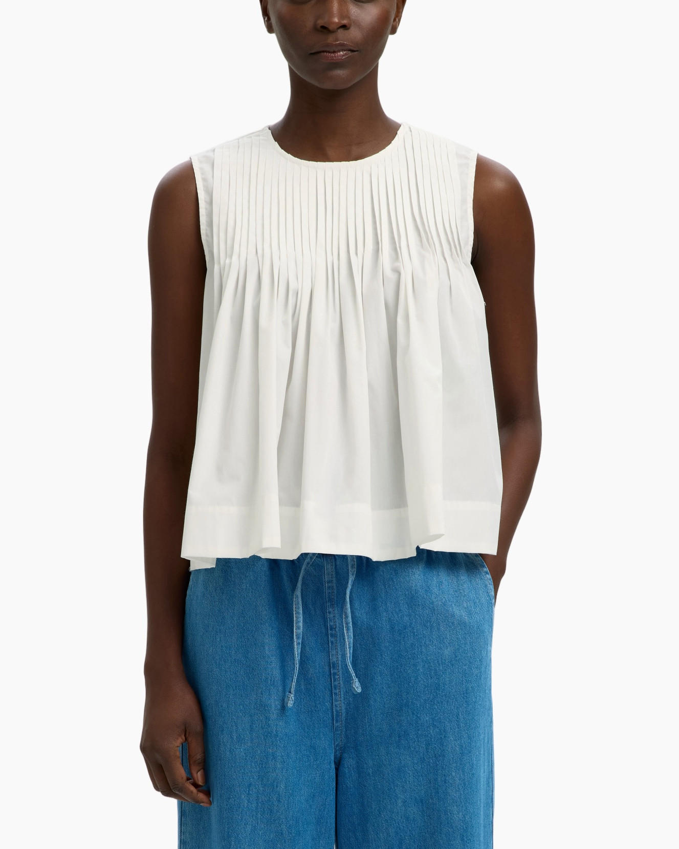 top, geplooide, mouwloos, wit, blouse