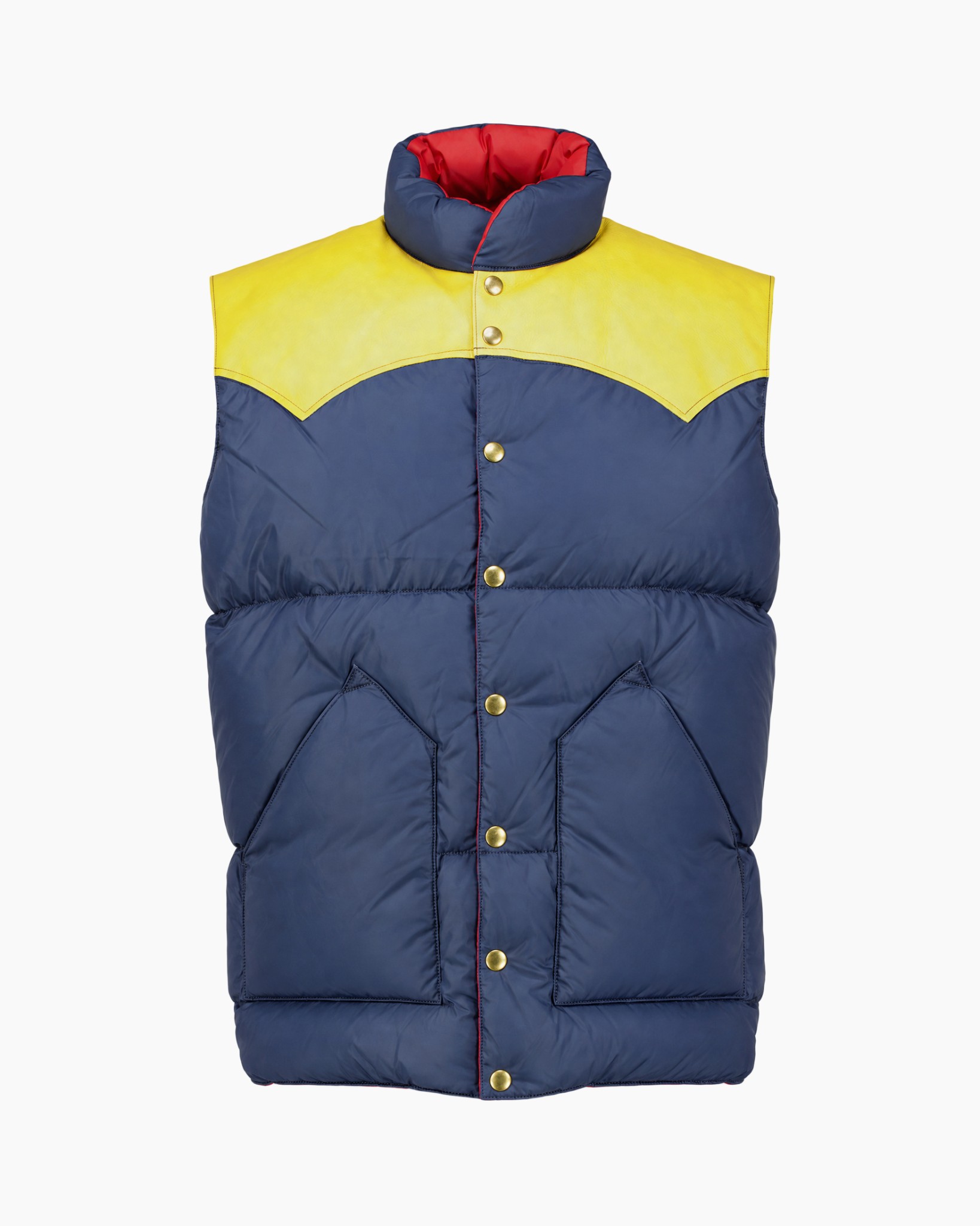 body warmer, donsvest, kleurblok, gele schouders, drukknopen