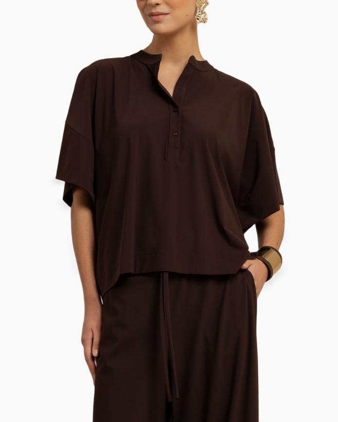 top, losse pasvorm, korte mouwen, bruin, kraagstijl polo