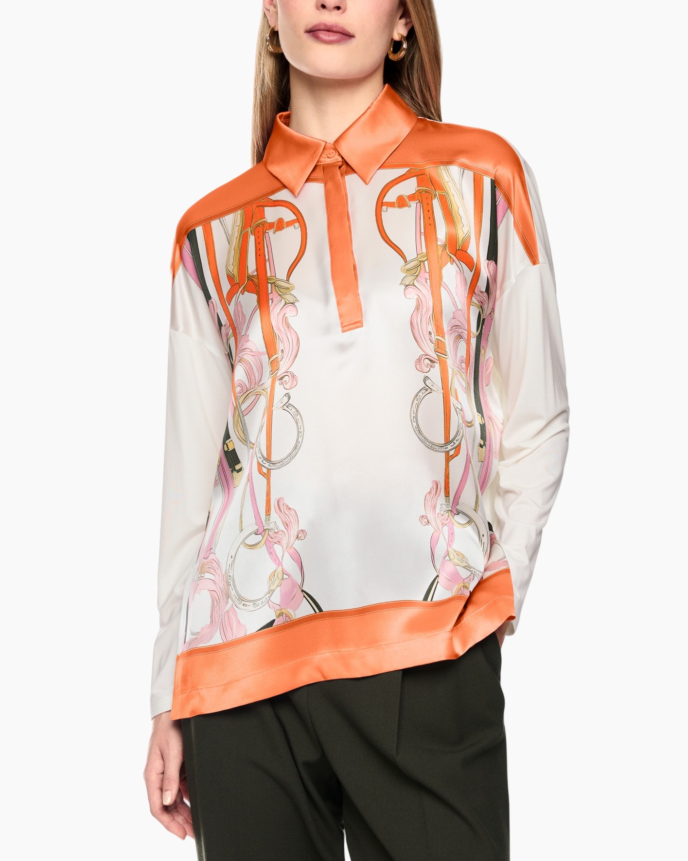 zijden blouse, oranje kraag, gebreid patroon overhemd, lange mouwen, knopenplank