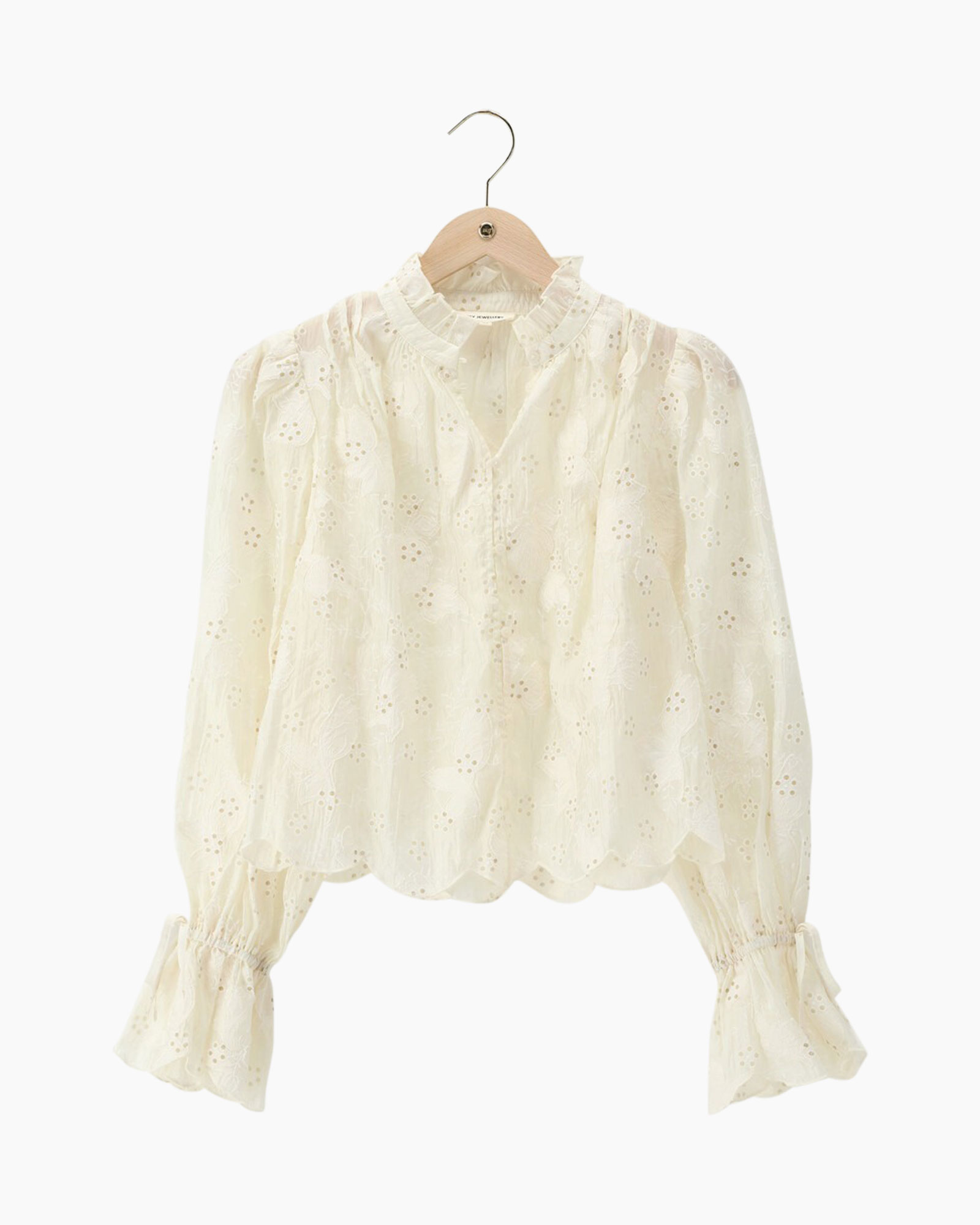 blouse, eyelet, borduurwerk, langemouw, fronsen