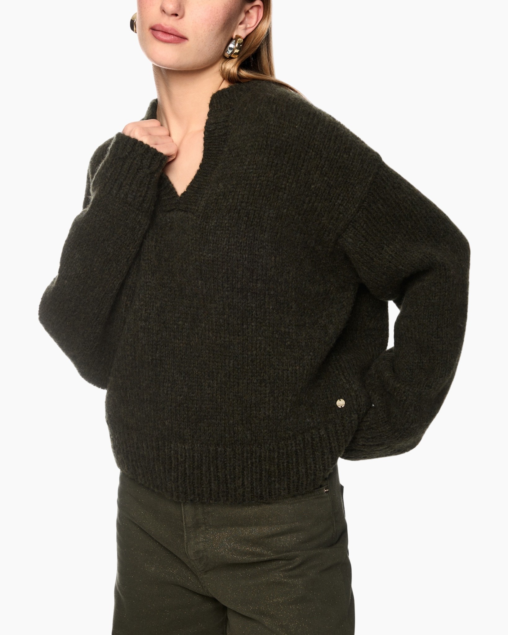 breipullover, v-hals, oversized, donker olijfgroen, tophoge brei