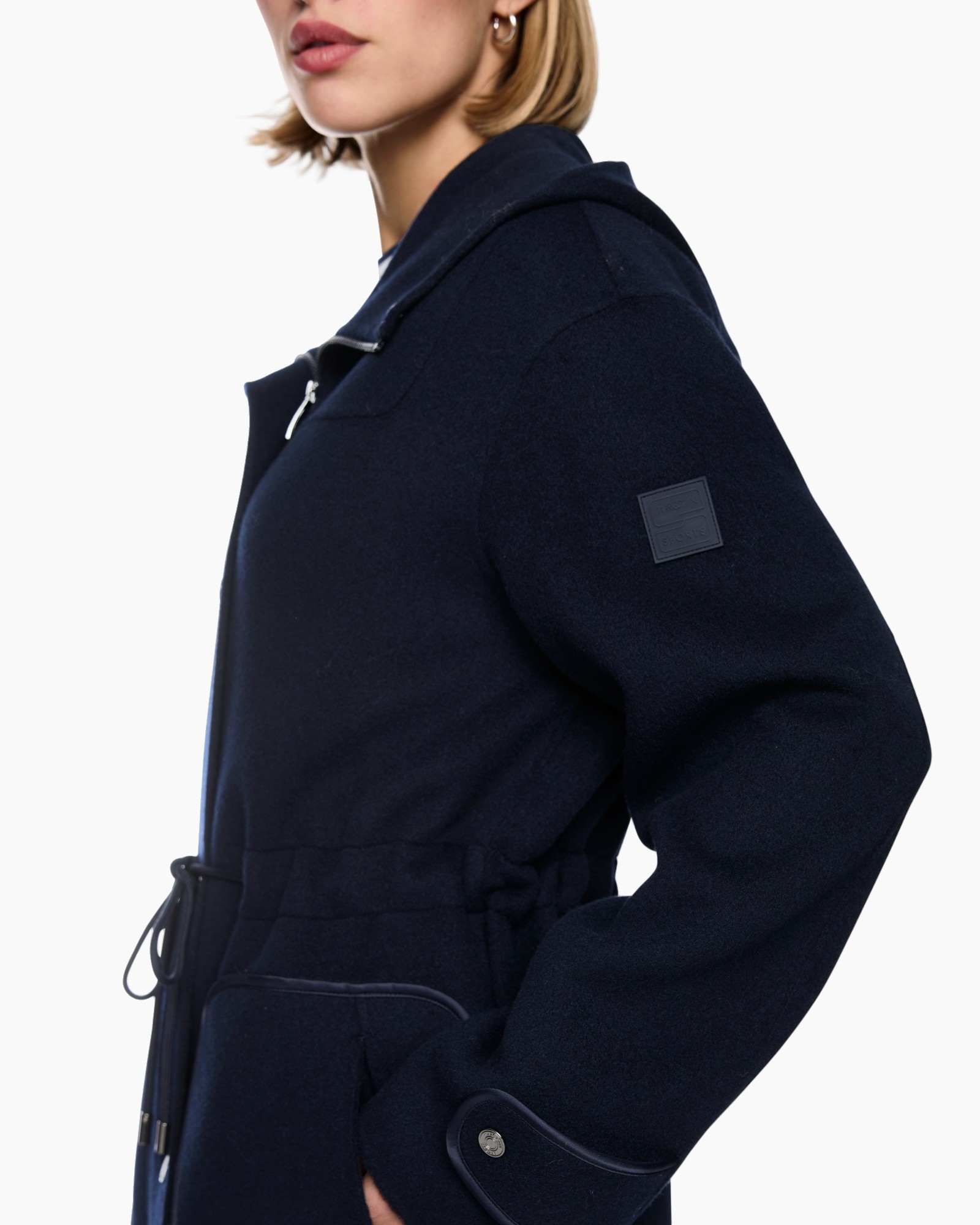 jas, blauw, rits, riem, patch