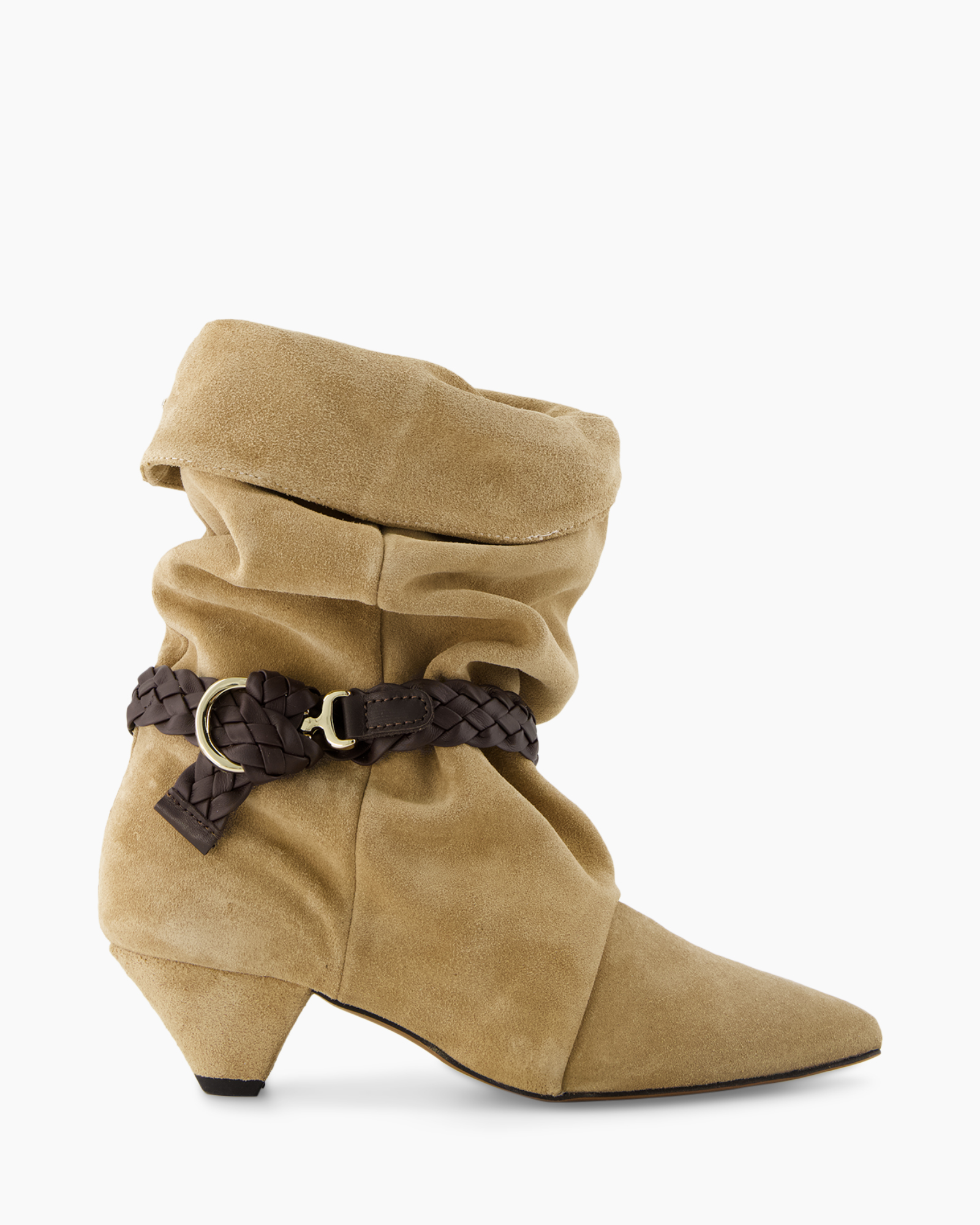 ankle boot, suede, riem, lage hak, tan