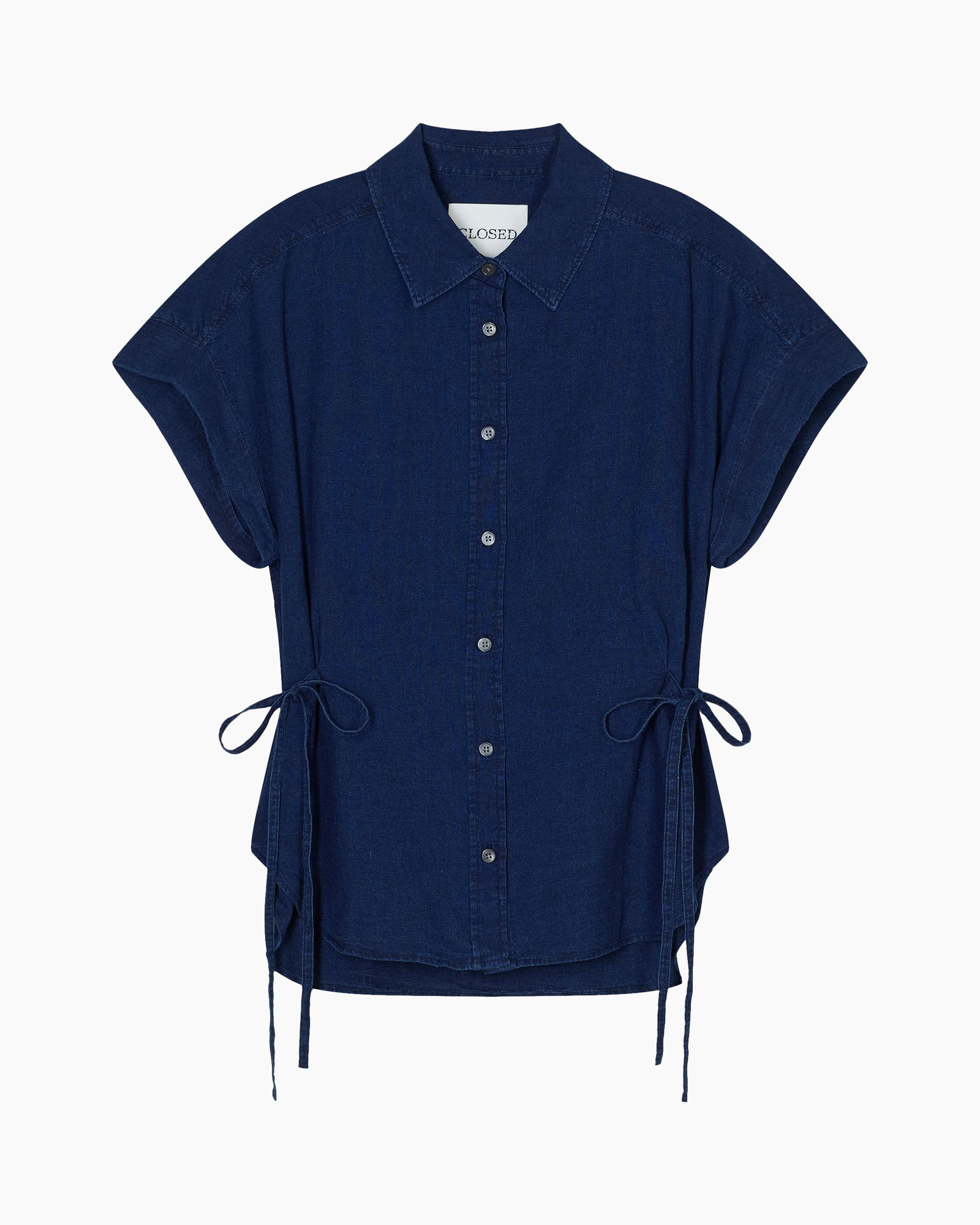denim, hemd, korte-mouwen, knopen, touwtrek
