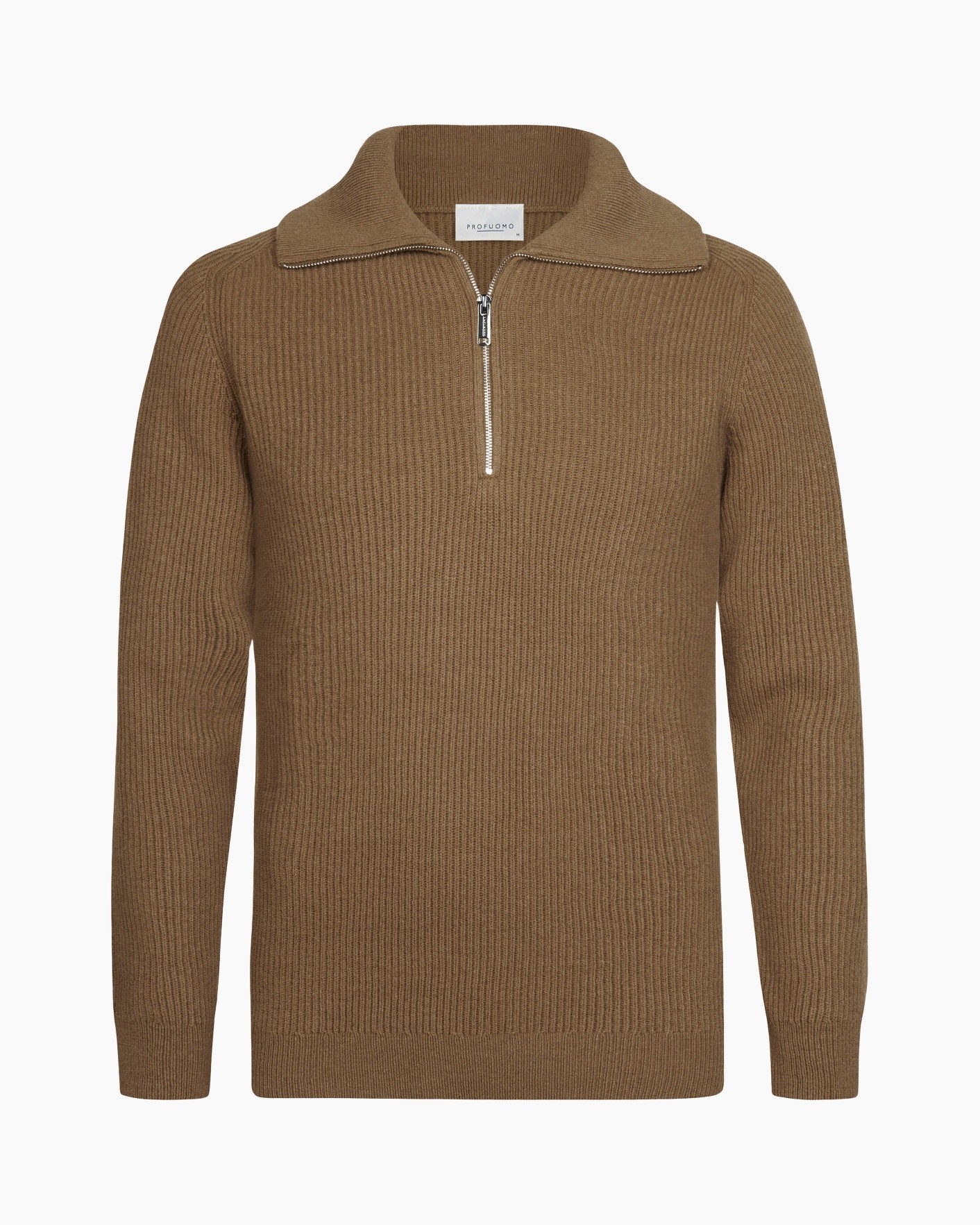 gebreide, trui,  نصف-zip, bruin, ribbel