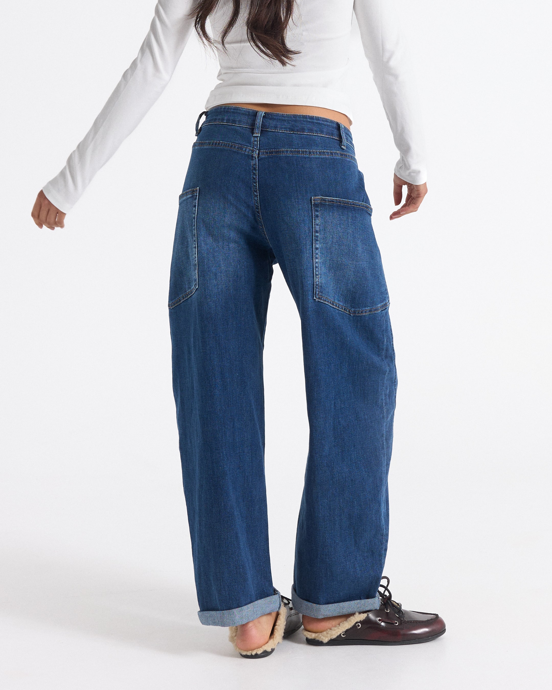 denim, spijkerbroek, achterzakken, blauw, wijde pijp
