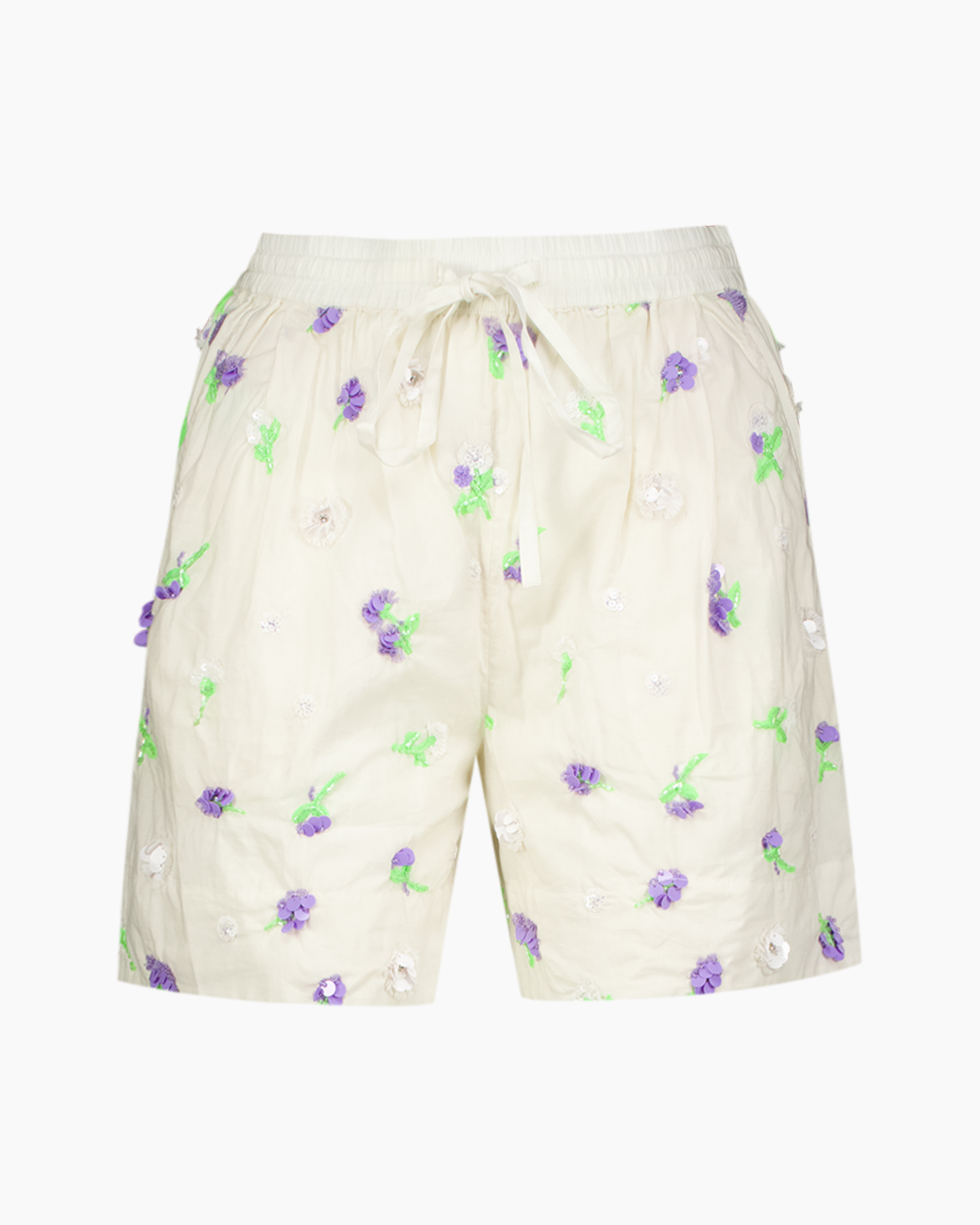 shorts, flower pattern, embroidery, drawstring, linen look