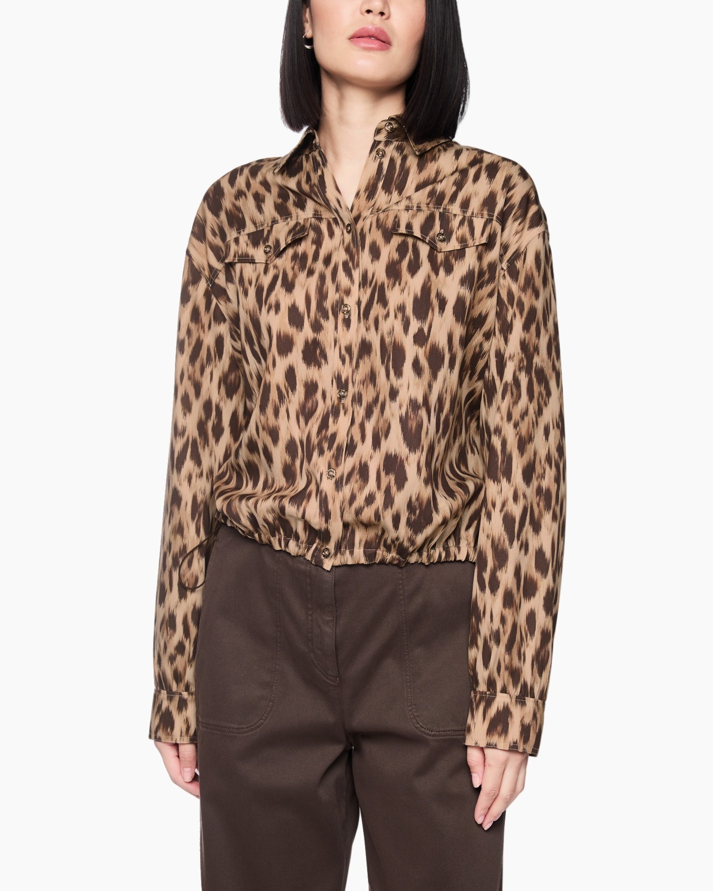 leeuwerprint, blouse, lange mouw, knopen voor, kraag shirt