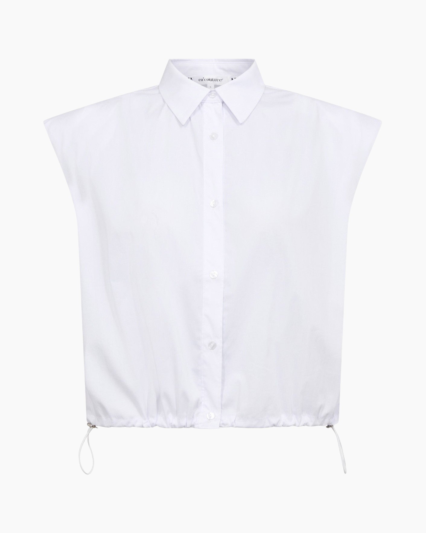 knopsluiting, witte blouse/overhemd, kraag, trekkoord, mouwloos