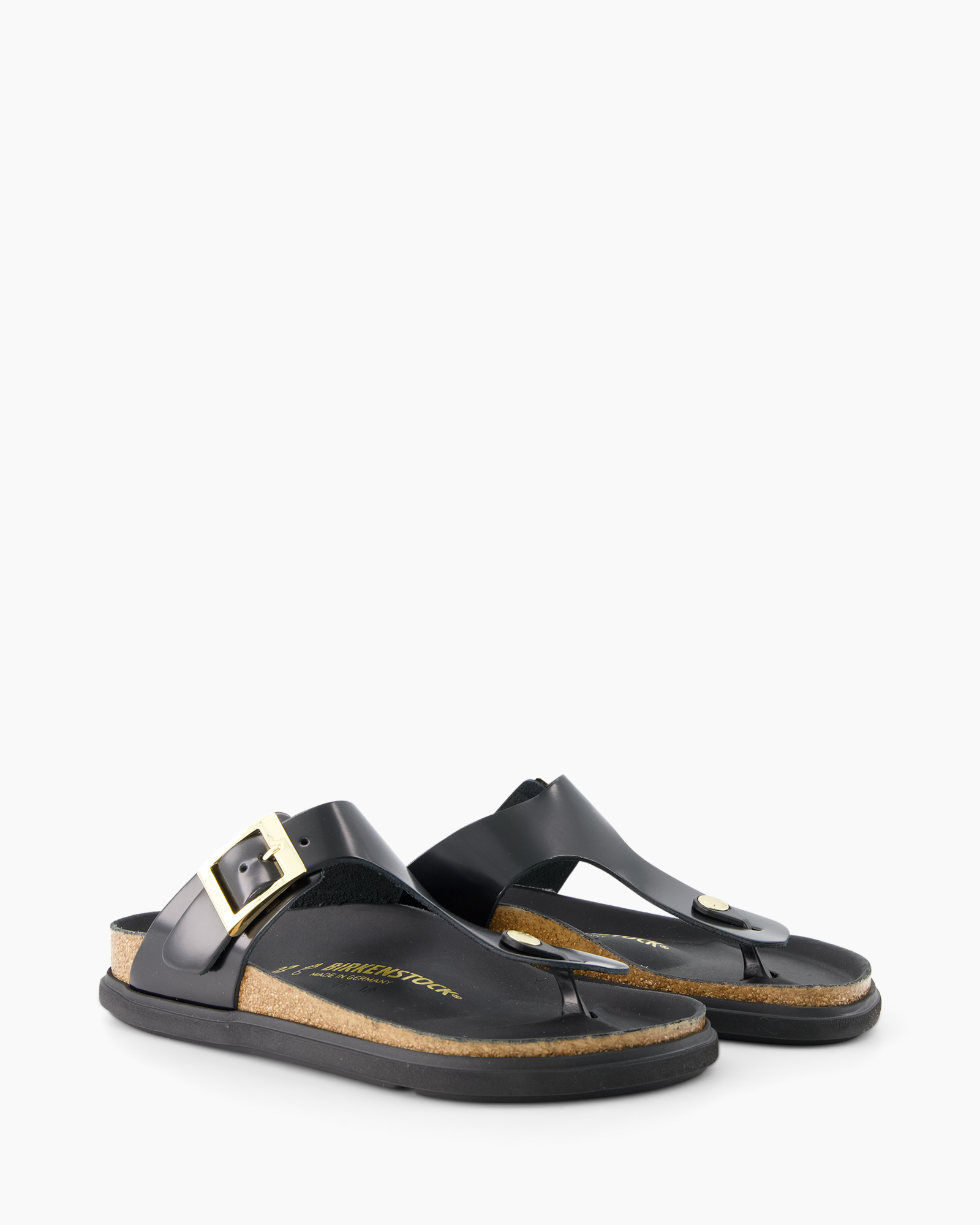 sandalen, zwart, leer, gesp, kurkvoetbed