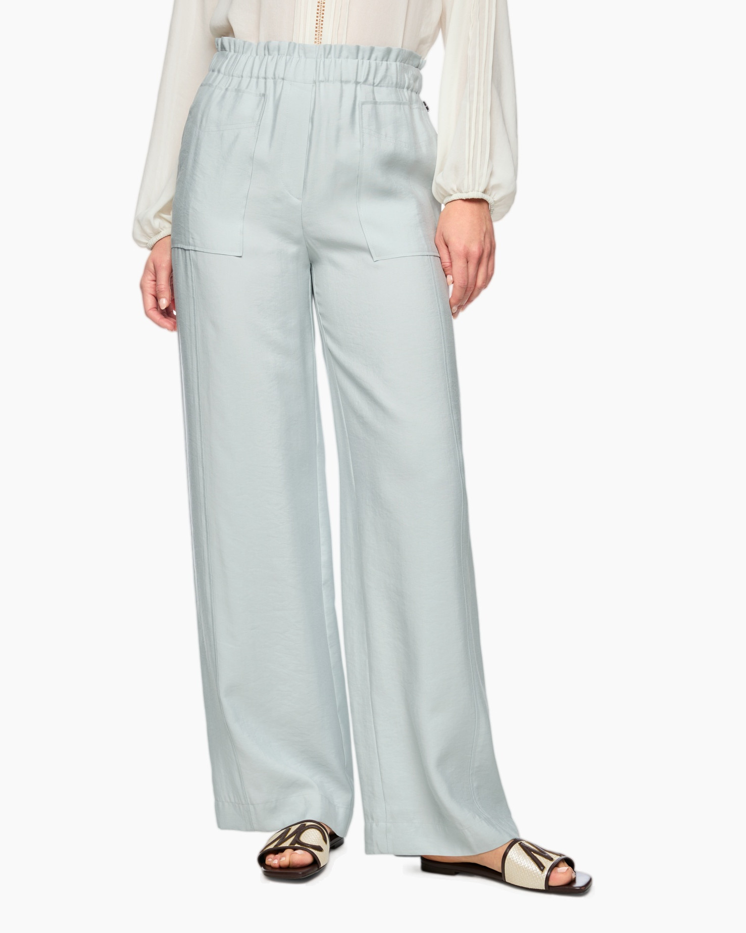 broek, wijdere pasvorm, zakken, elastische taille, lichtblauw