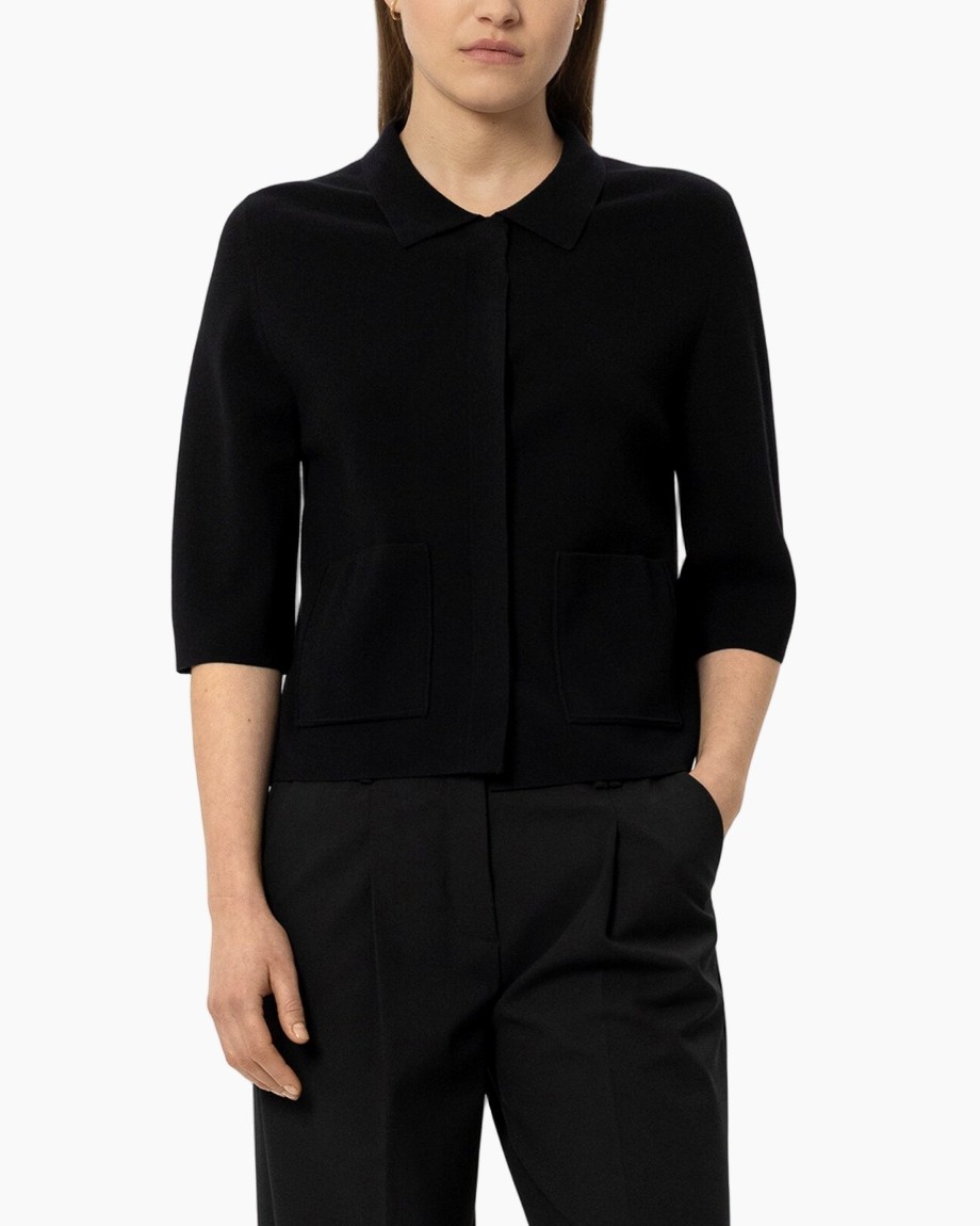 zwart, jasje, kraag, zakken, short-sleeve
