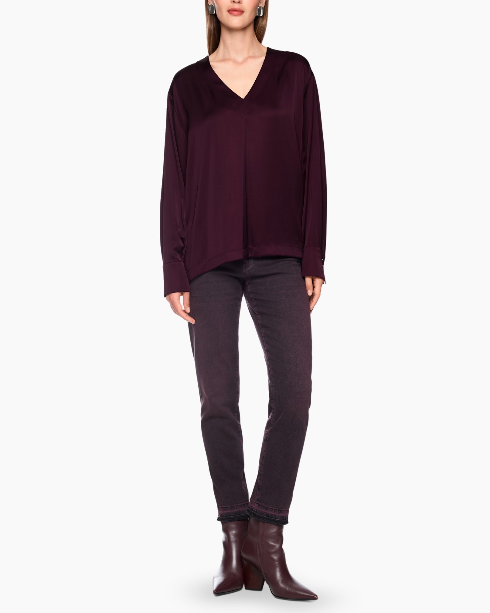 blouse, burgundy, v-hals, lange mouwen, broek