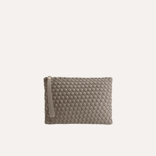 gewoven, clutch, portemonnee, beige, rits