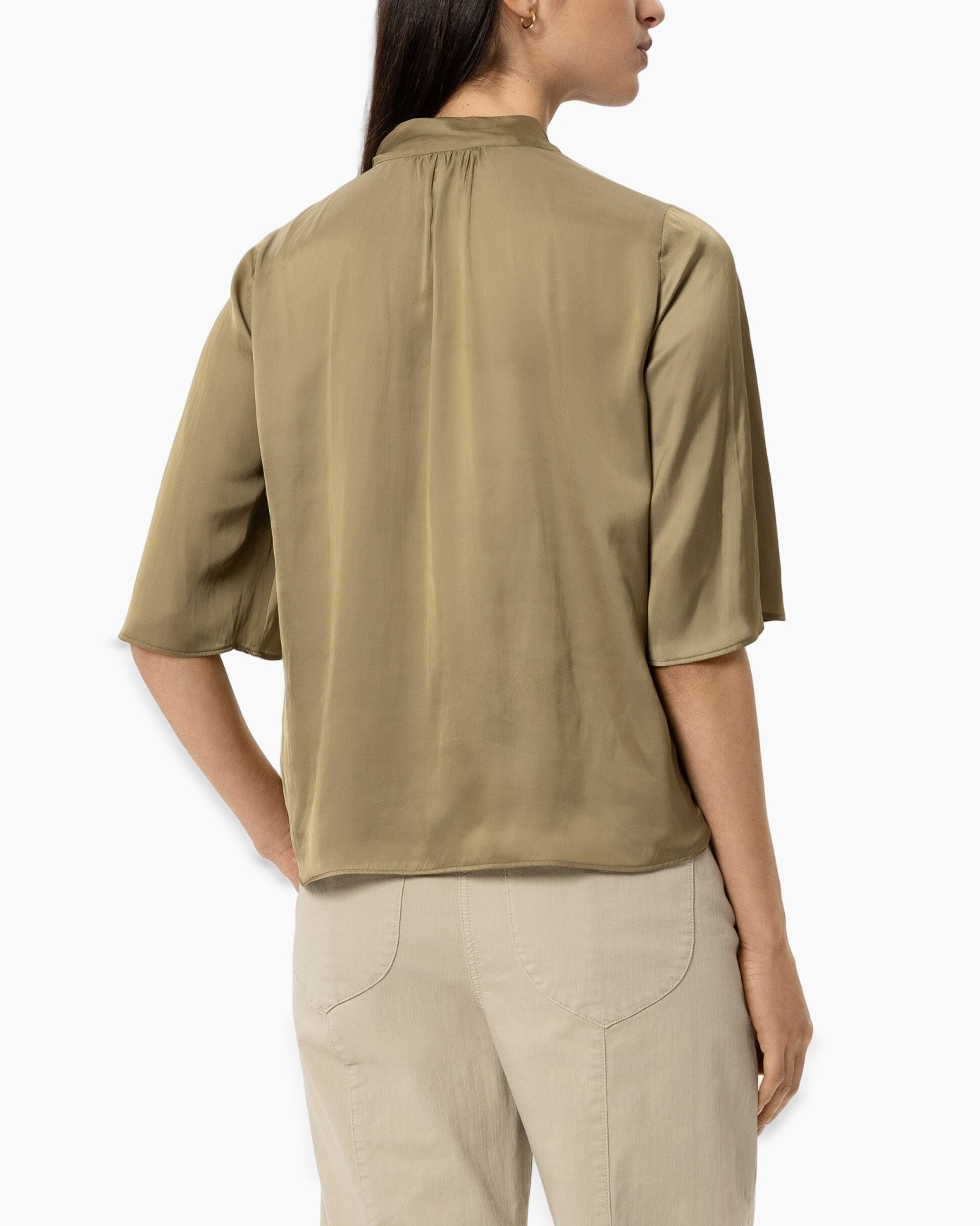 korte mouwen, linnen, olijf, blouse, achterkant